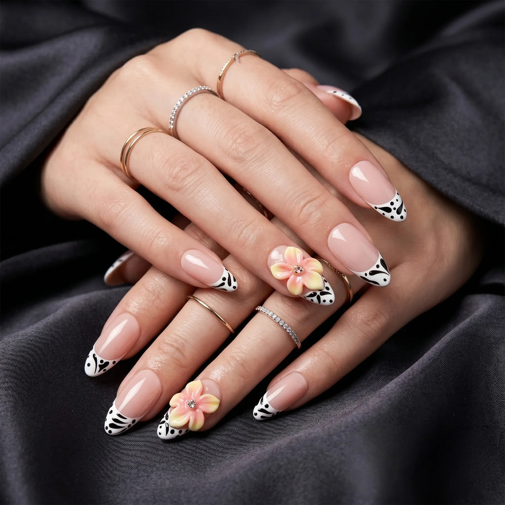 Kentrim Floral Cow Print French Tip Short Almond Press On Nails- 10 Pieces (Single Size)