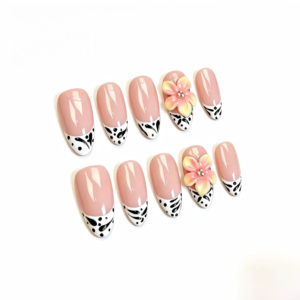 Kentrim Floral Cow Print French Tip Short Almond Press On Nails- 10 Pieces (Single Size)