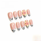 Kentrim Floral Cow Print French Tip Short Almond Press On Nails- 10 Pieces (Single Size)