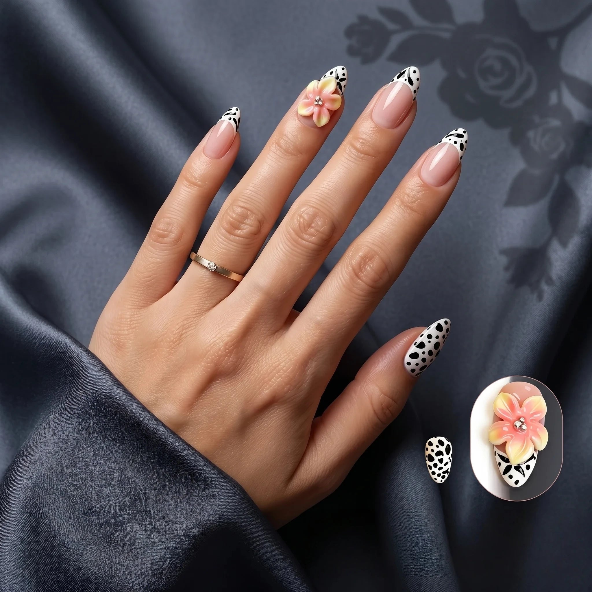 Kentrim Floral Cow Print French Tip Short Almond Press On Nails- 10 Pieces (Single Size)