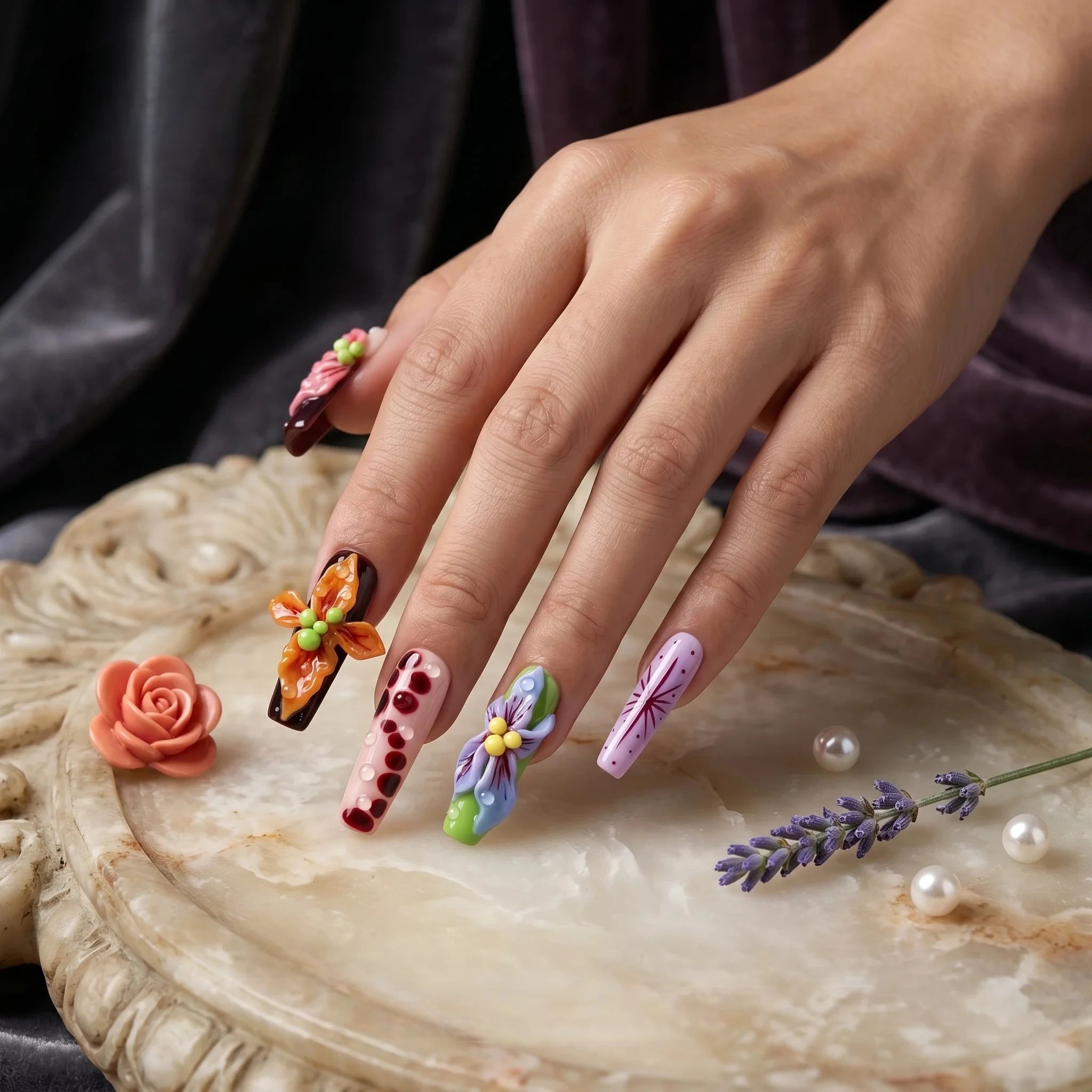 Kentrim Floral Long Square Press On Nails - 10 Pieces (Single Size)