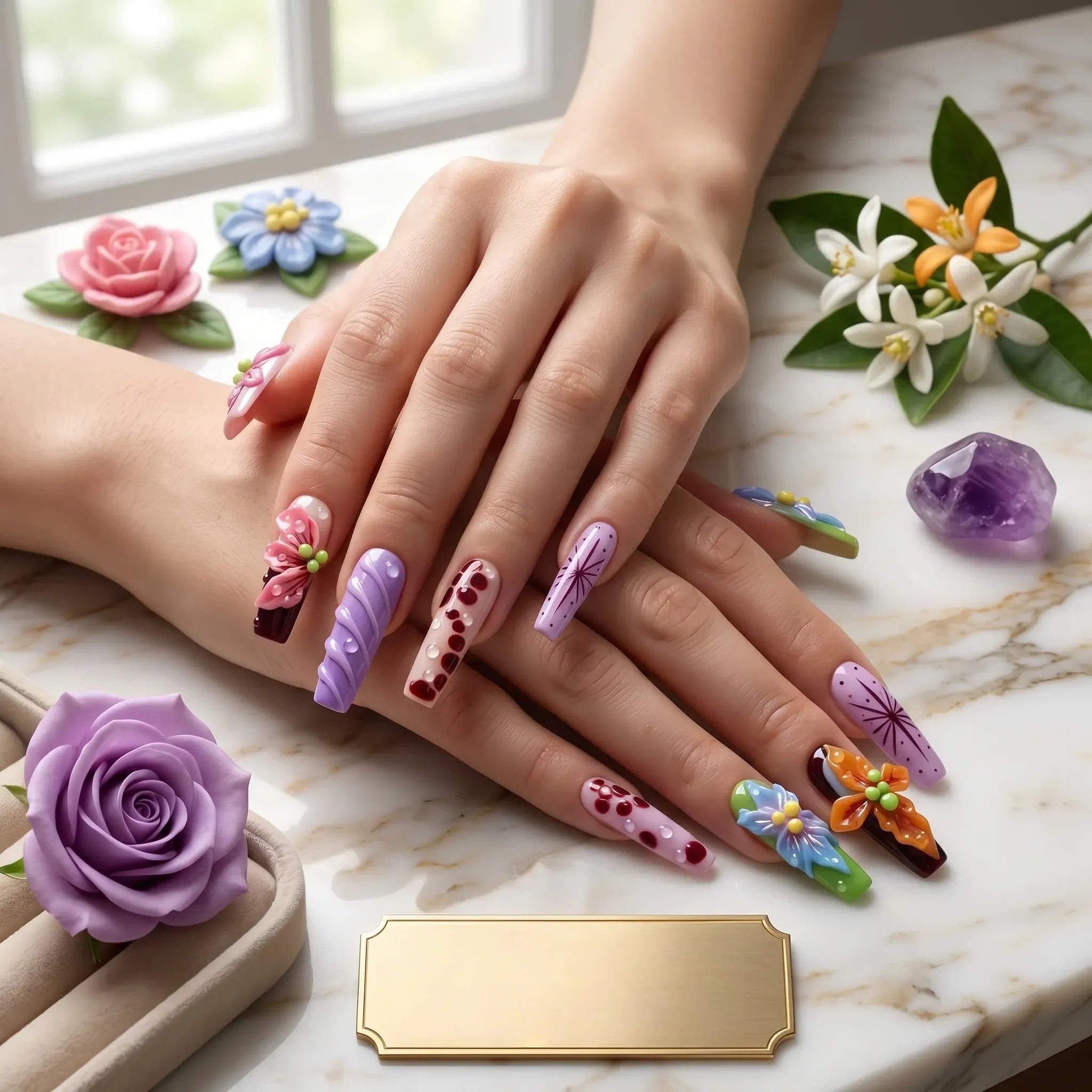 Kentrim floral long square press-on nails with 3D hand-painted flowers, polka dots, and swirl accents, set of 10 false nails Main image