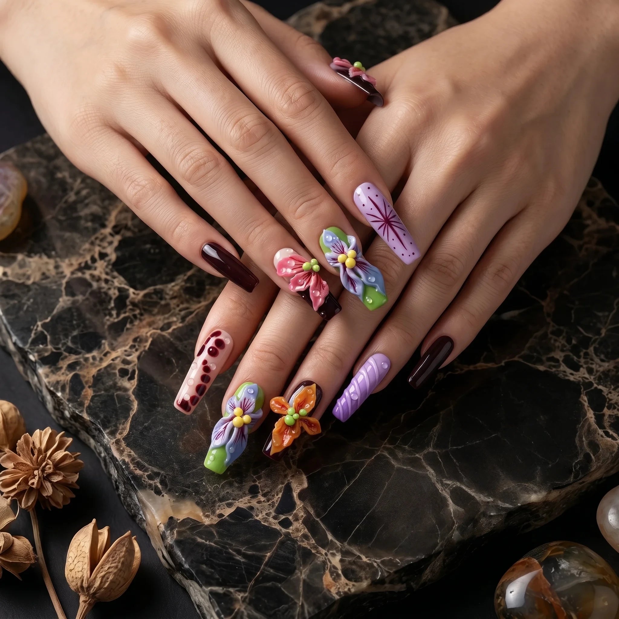 Kentrim Floral Long Square Press On Nails - 10 Pieces (Single Size)