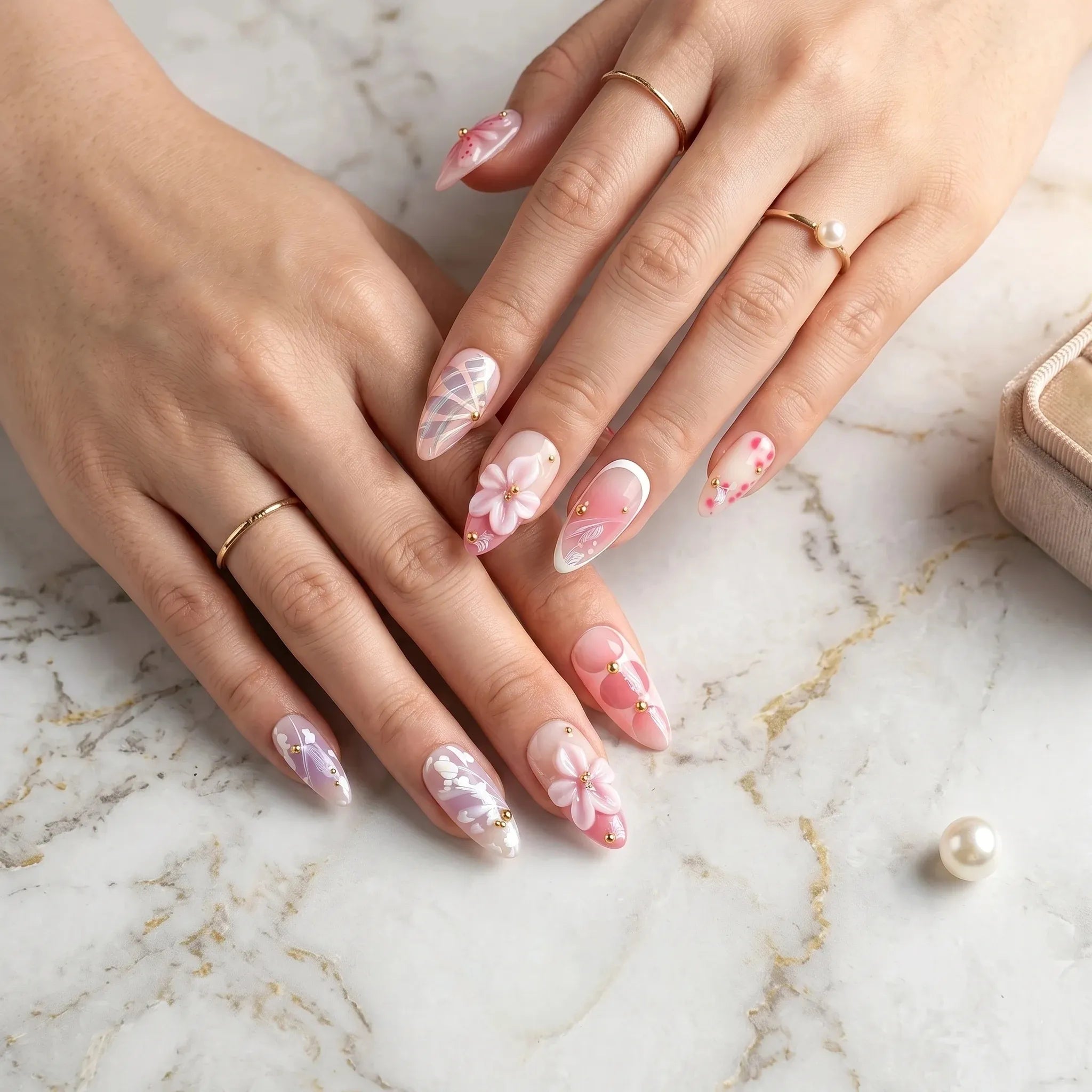 Kentrim floral press on nails in almond shape, set of 10 with single size, featuring elegant flower designs for easy, stylish nail application. Main image