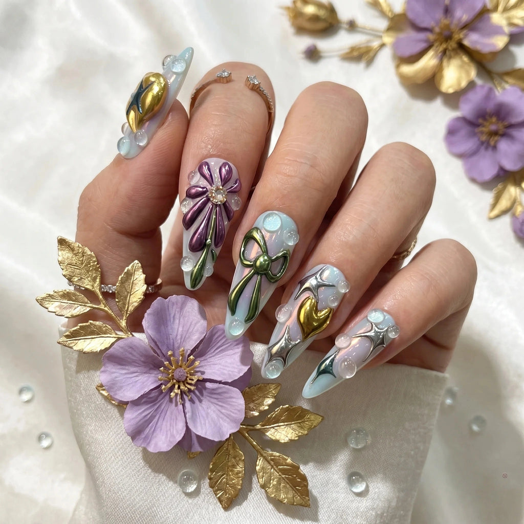 Kentrim Floral Fantasy Press On Nails- 10 Pieces (Single Size)