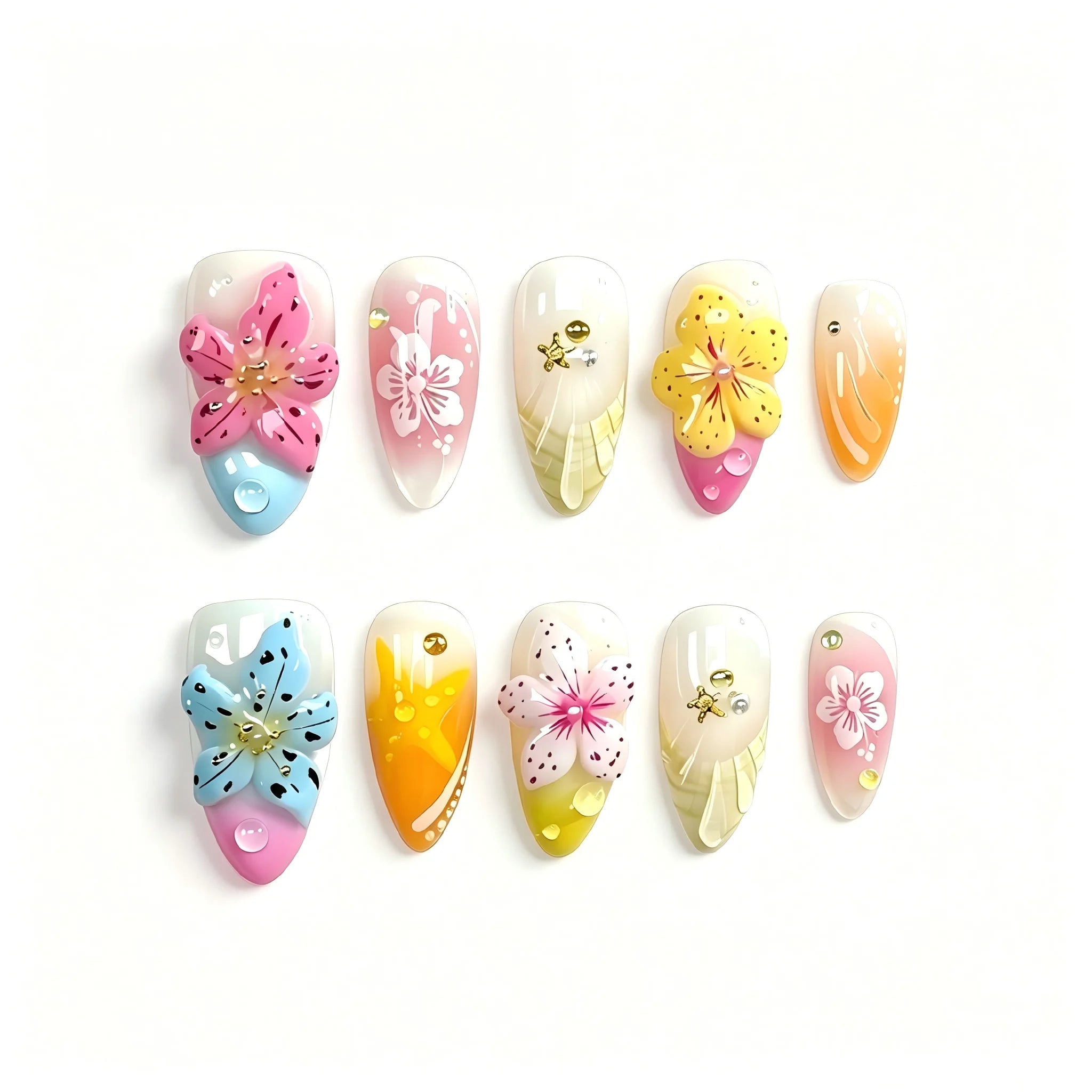 Kentrim Floral Fantasy Medium Almond Press On Nails- 10 Pieces (Single Size)