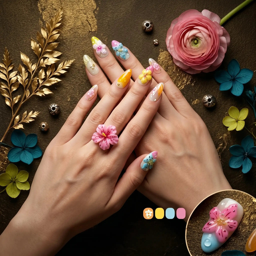 Kentrim Floral Fantasy Medium Almond Press On Nails- 10 Pieces (Single Size)
