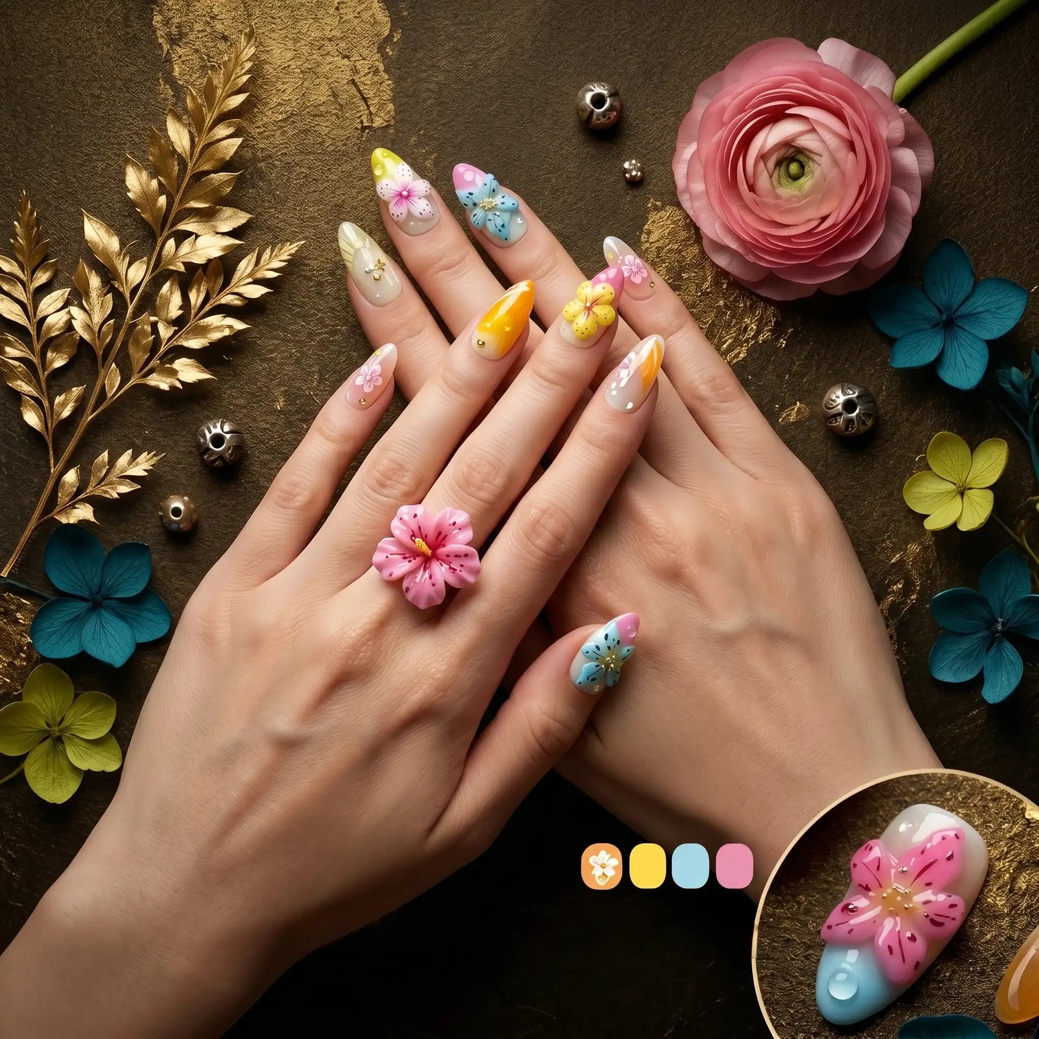 Kentrim Floral Fantasy Medium Almond Press On Nails- 10 Pieces (Single Size)