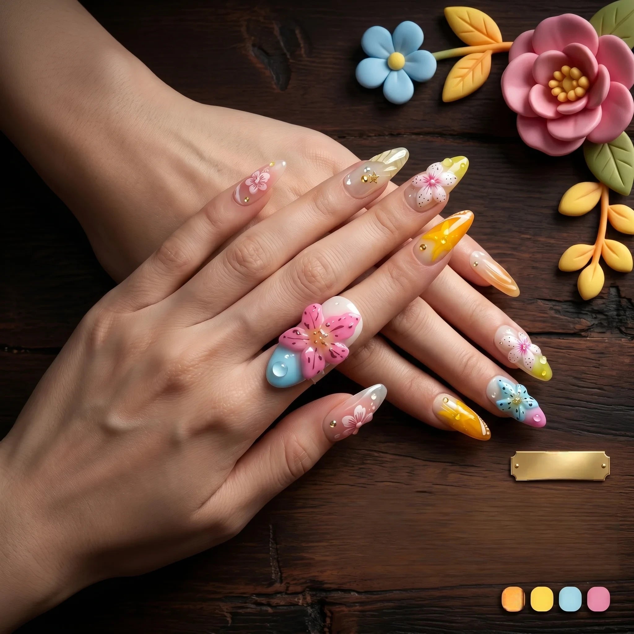 Kentrim Floral Fantasy Medium Almond Press On Nails- 10 Pieces (Single Size)