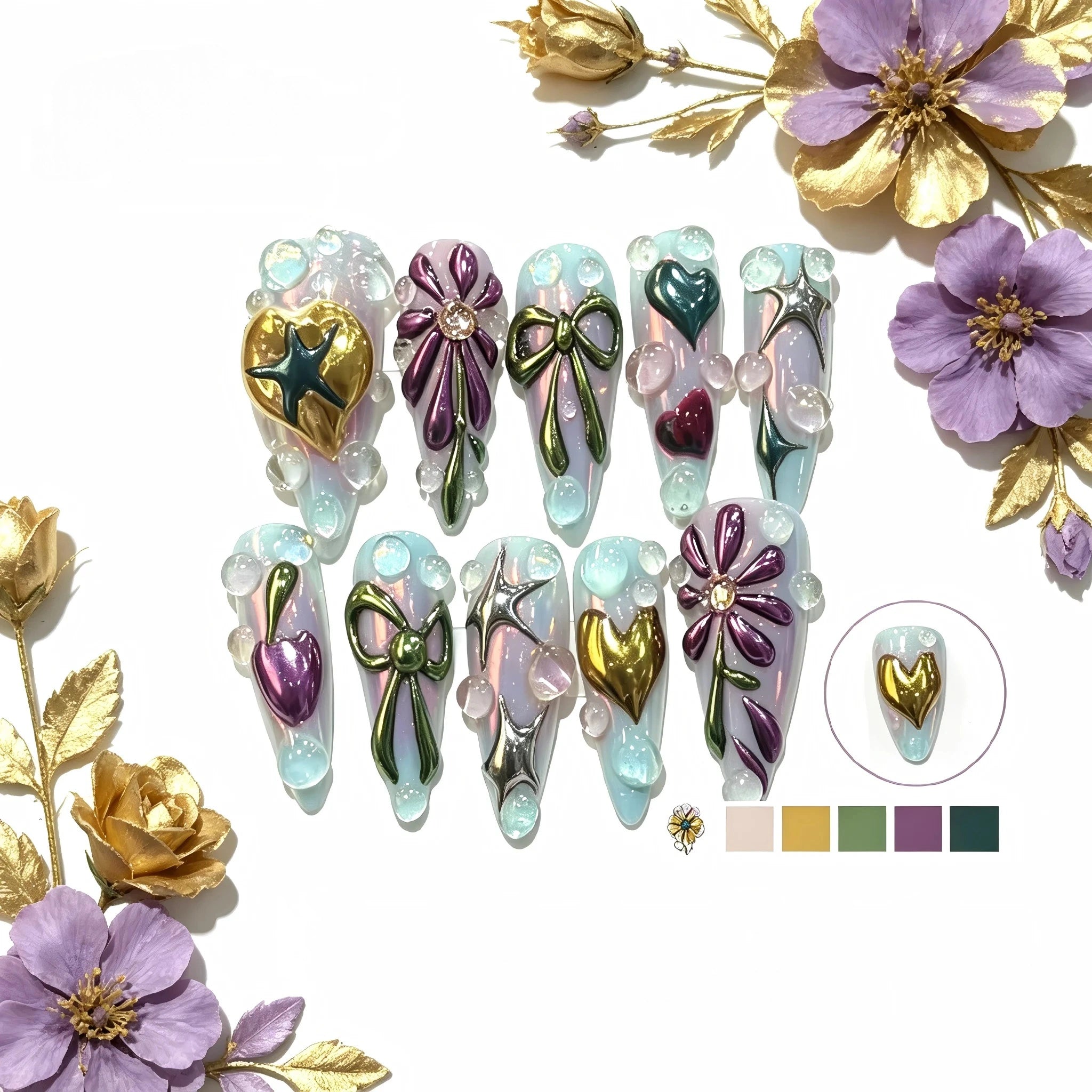 Kentrim Floral Fantasy Press On Nails- 10 Pieces (Single Size)