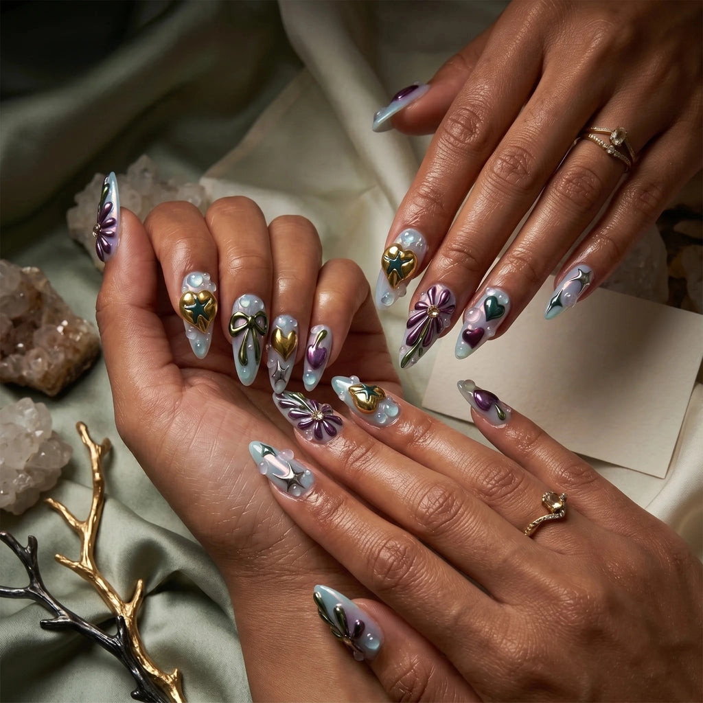 Kentrim Floral Fantasy Press On Nails- 10 Pieces (Single Size)