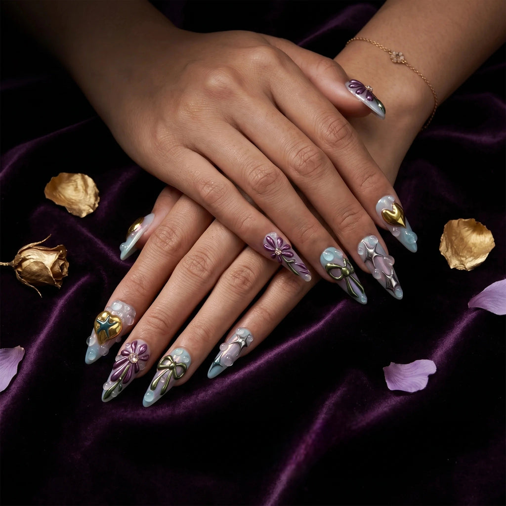 Kentrim Floral Fantasy Press On Nails- 10 Pieces (Single Size)