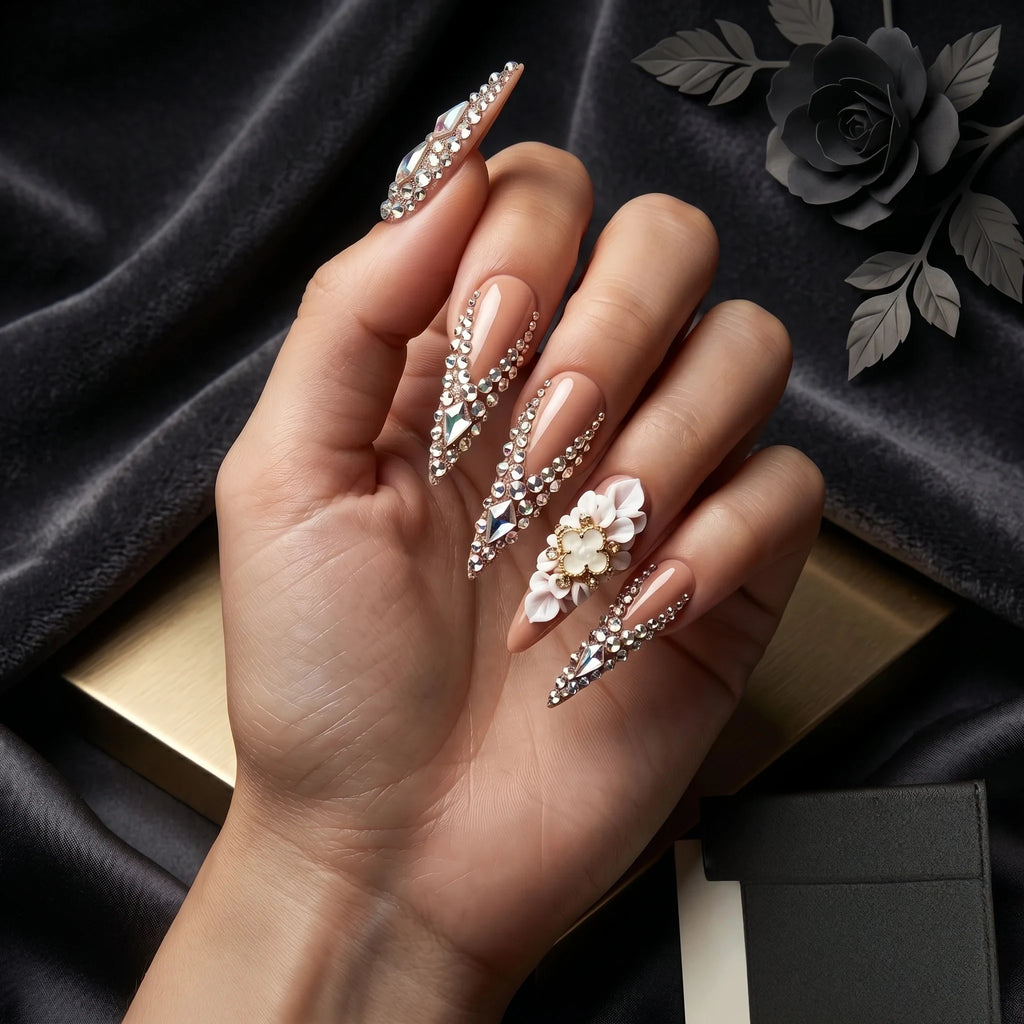 Kentrim Floral Gem Long Stiletto Press On Nails - 10 Pieces (Single Size)