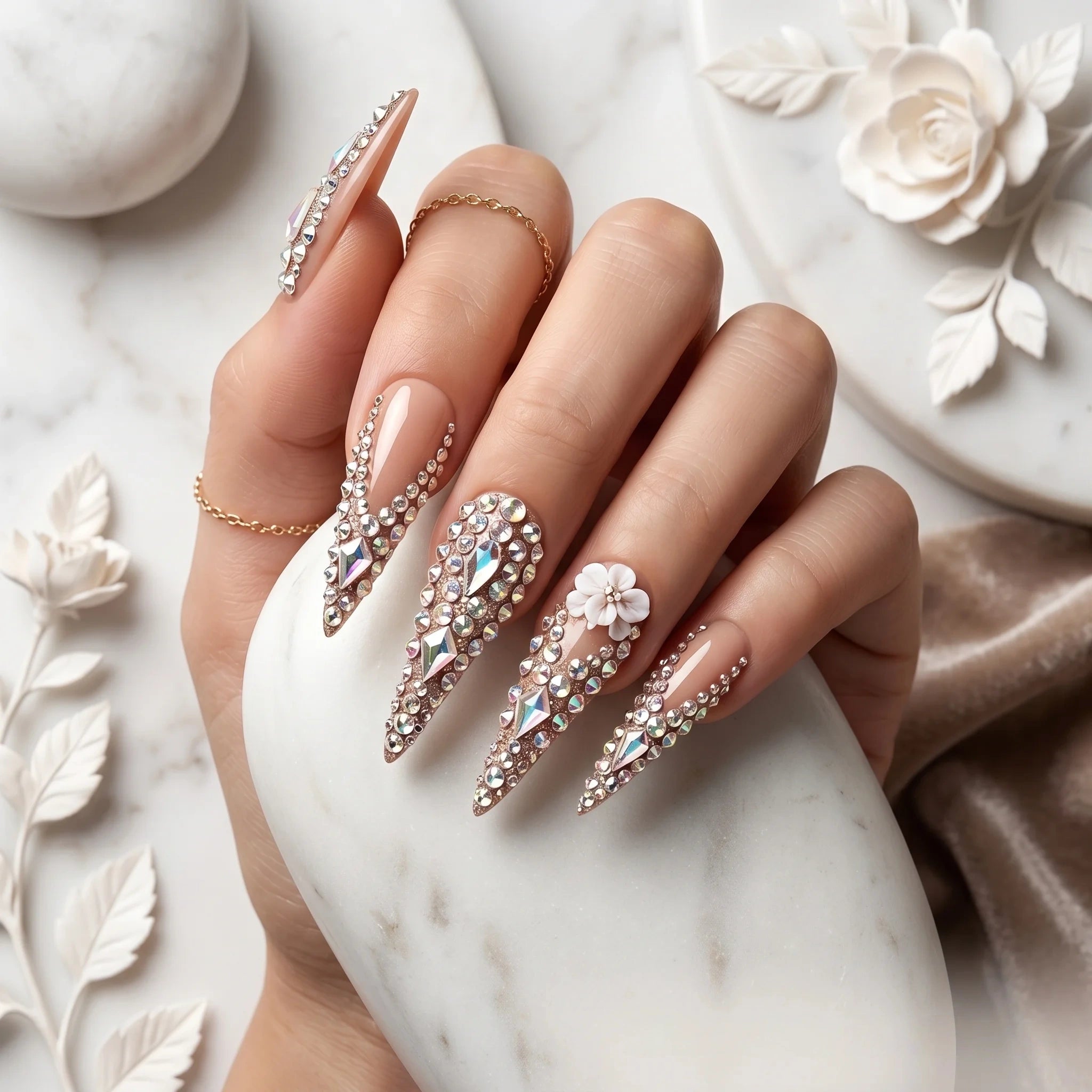 Kentrim Floral Gem Long Stiletto Press On Nails - 10 Pieces (Single Size)