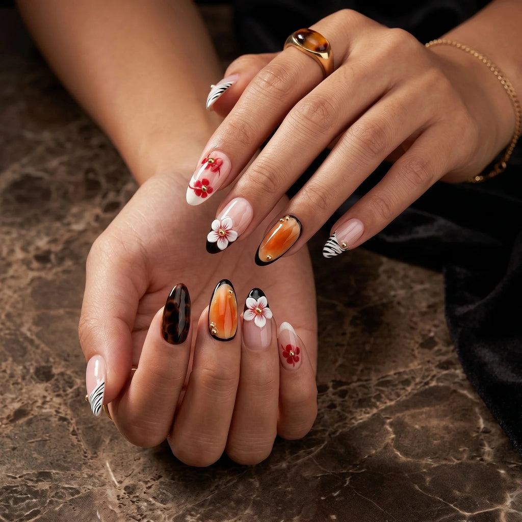 Kentrim Floral & Zebra Press On Nails - 10 Pieces (Single Size)