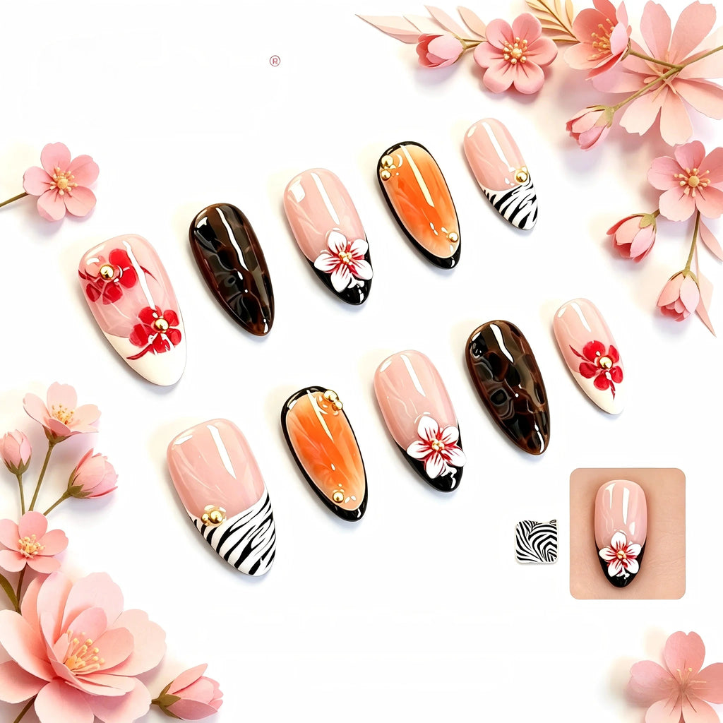 Kentrim Floral & Zebra Press On Nails - 10 Pieces (Single Size)