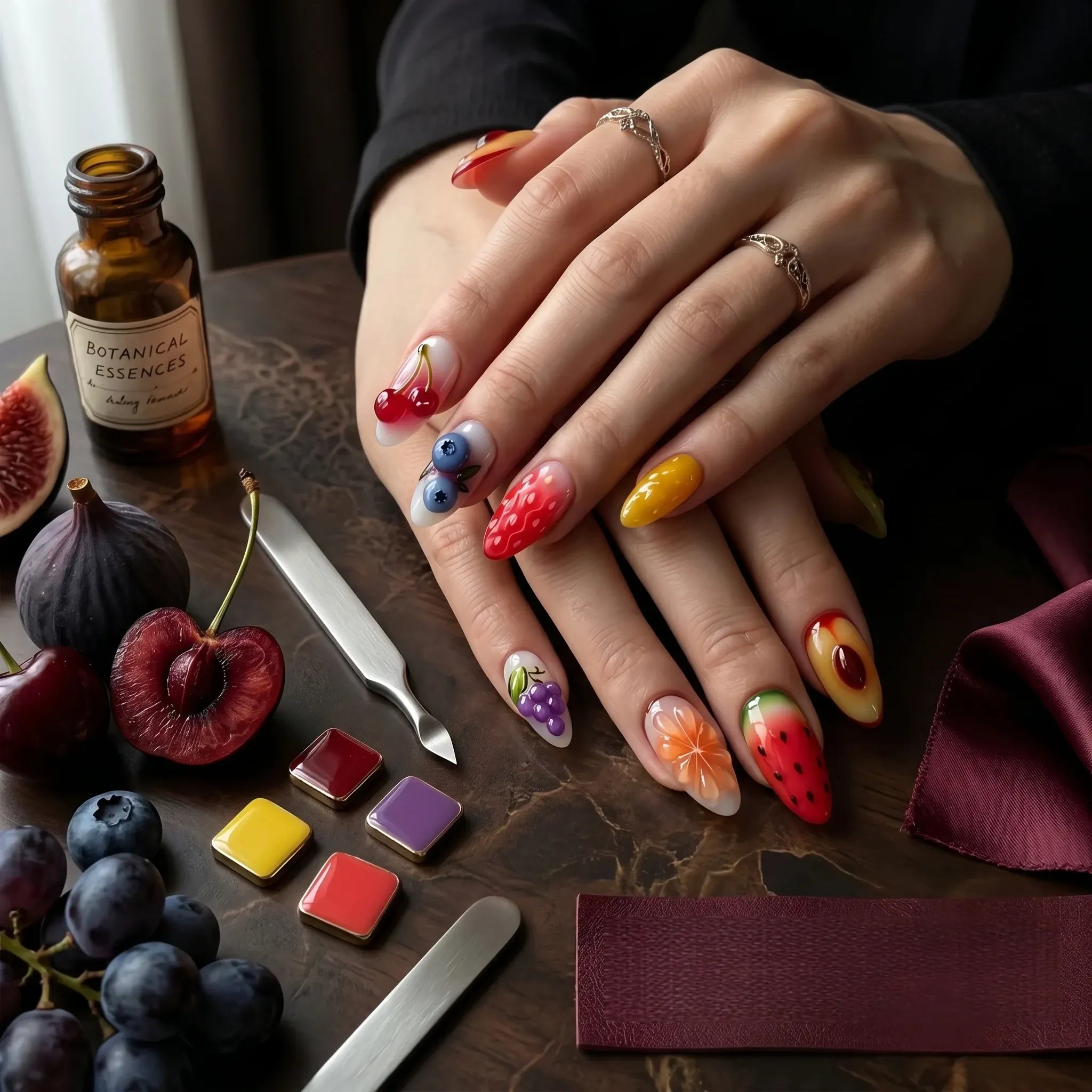 Kentrim Fruity Delight medium almond press-on nails with multicolor fruit-themed designs and 3D cherry, watermelon, and lemon accents. Main image