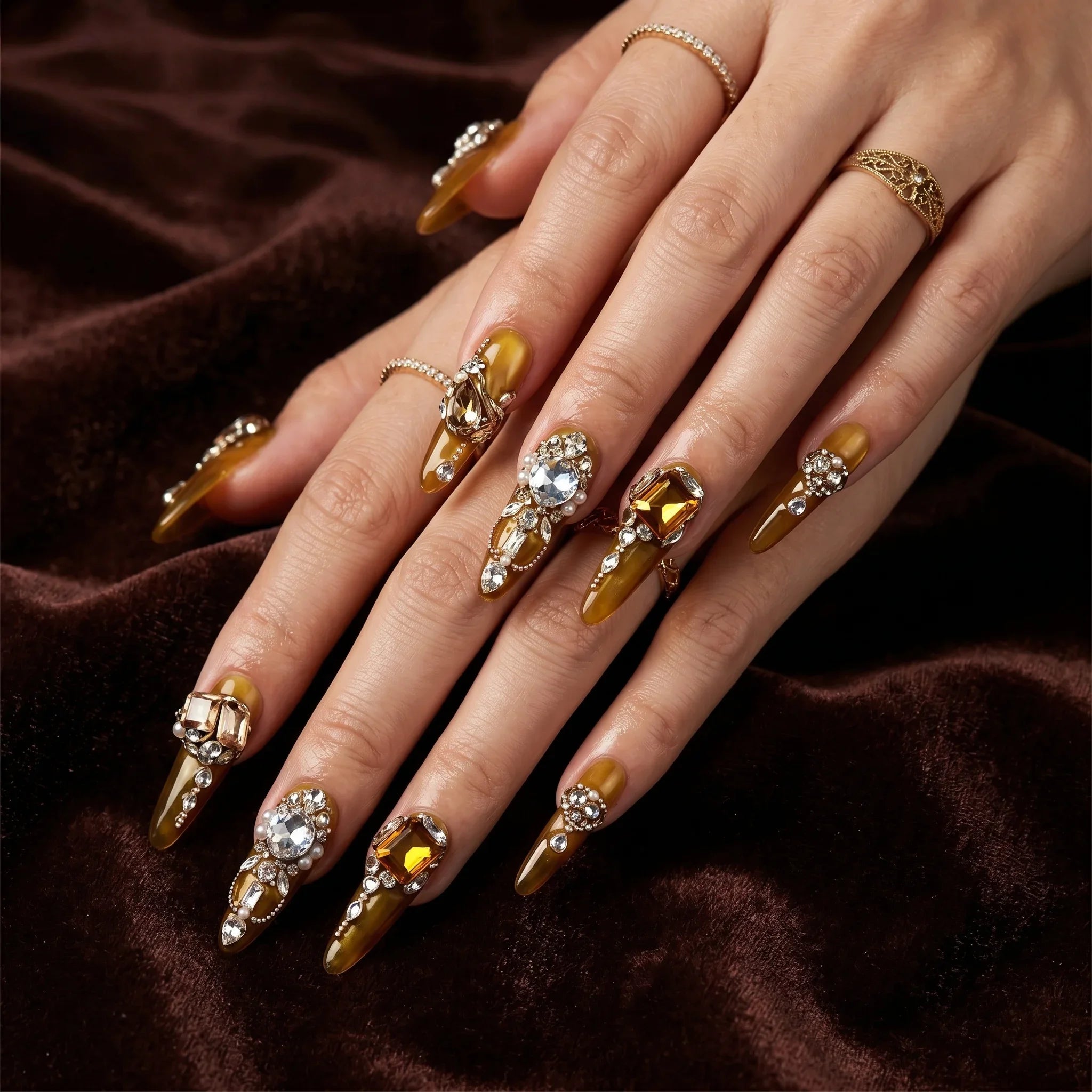 Kentrim Gilded Crystal Long Stiletto Press On Nails- 10 Pieces (Single Size)