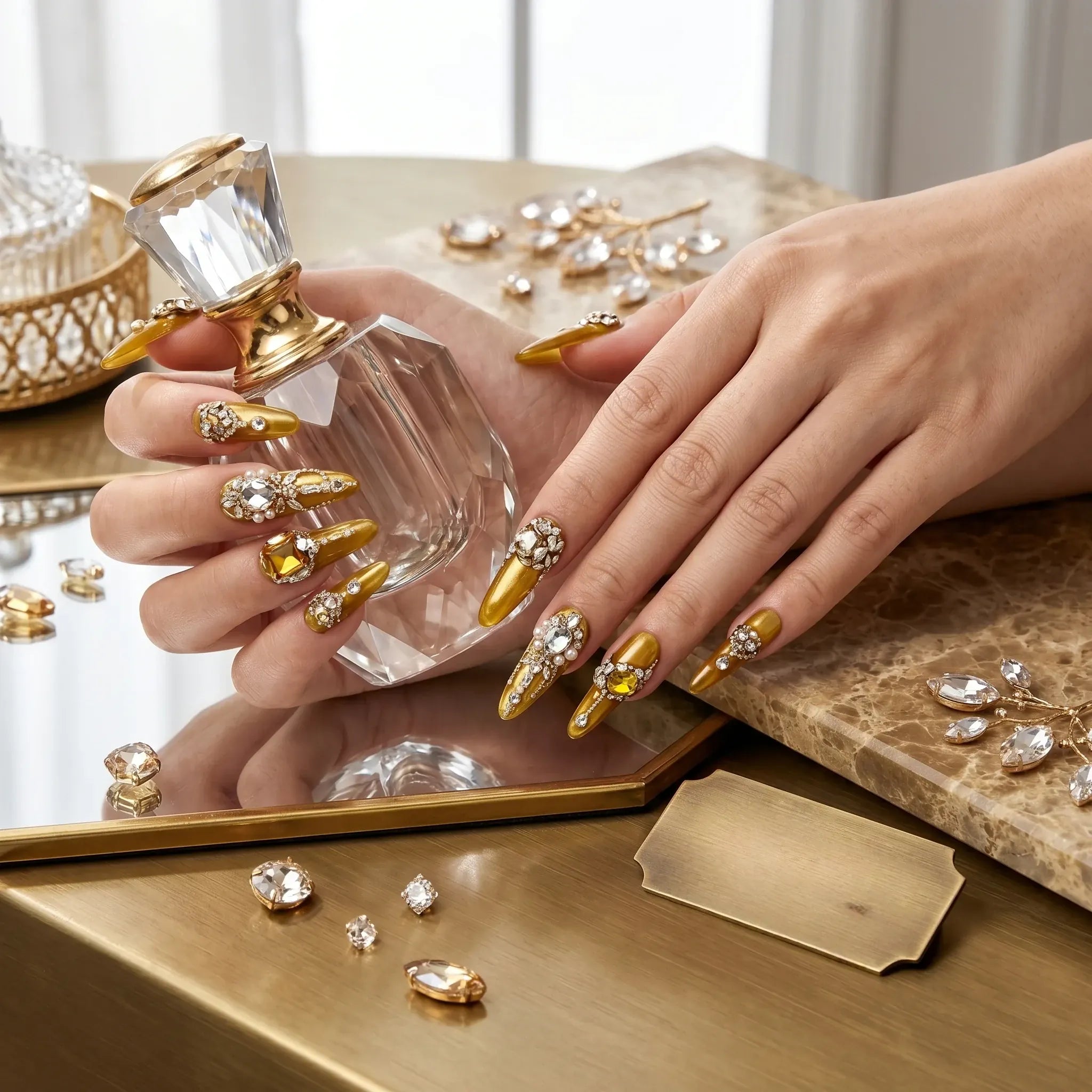 Kentrim gilded crystal long stiletto press on nails with shimmering gold base, clear rhinestone accents, 10-piece set, reusable style Main image