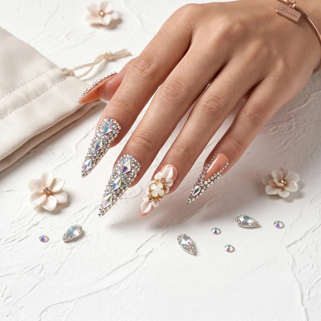 Kentrim Gem & Floral Long Stiletto Press On Nails - 10 Pieces (Single Size)
