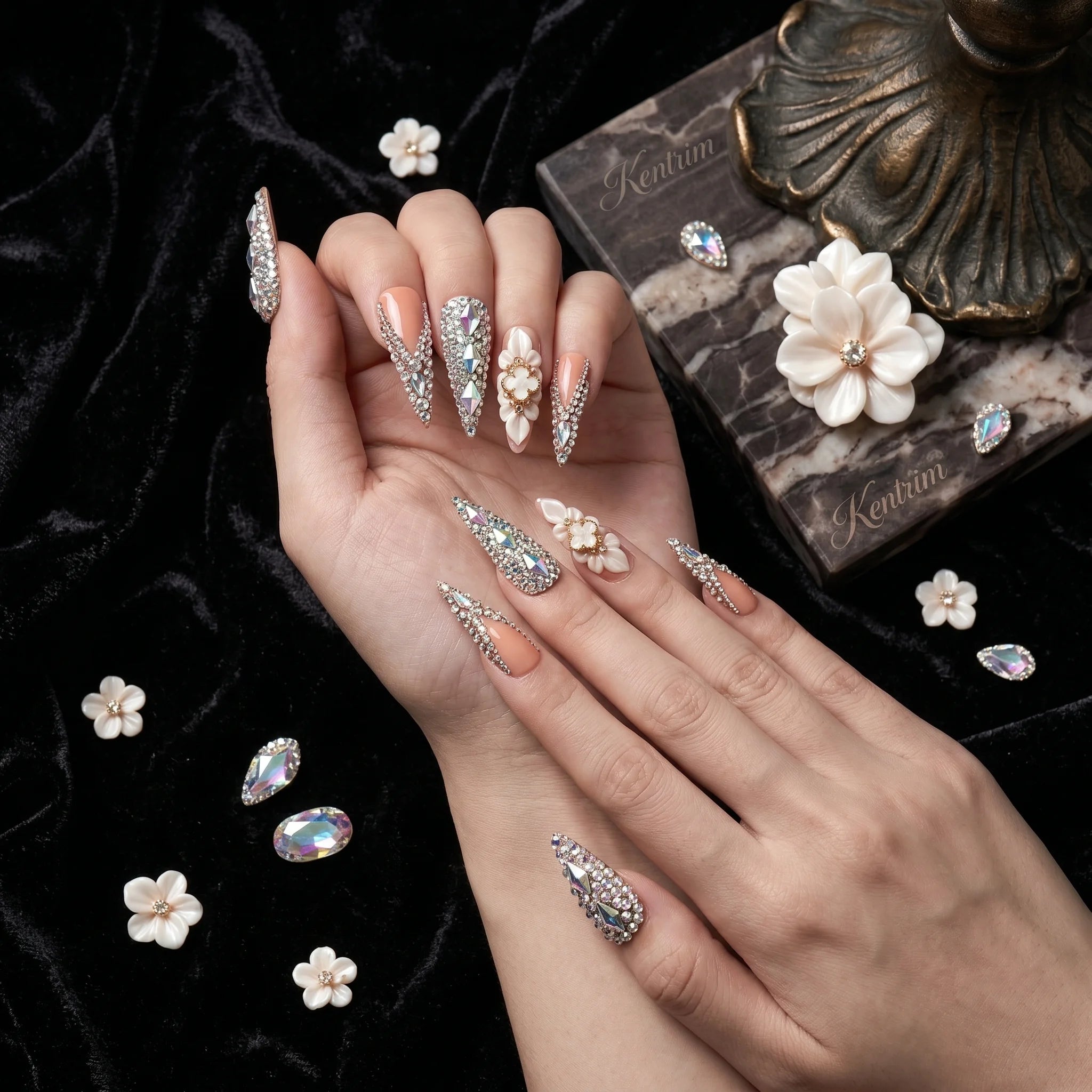 Kentrim Gem & Floral Long Stiletto Press On Nails - 10 Pieces (Single Size)