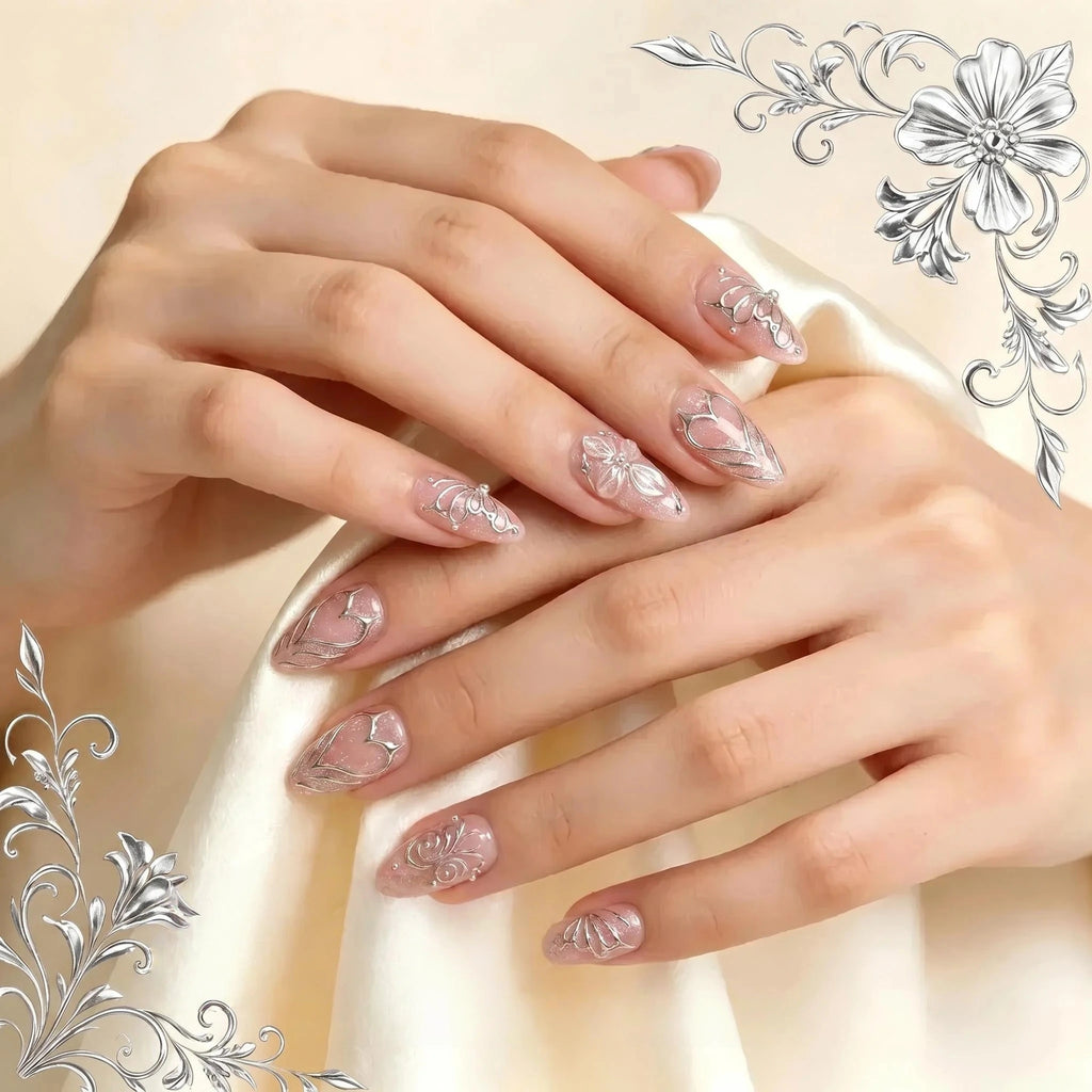 Kentrim Pink Silver Metallic Butterfly Press On Nails- 10 Pieces (Single Size)