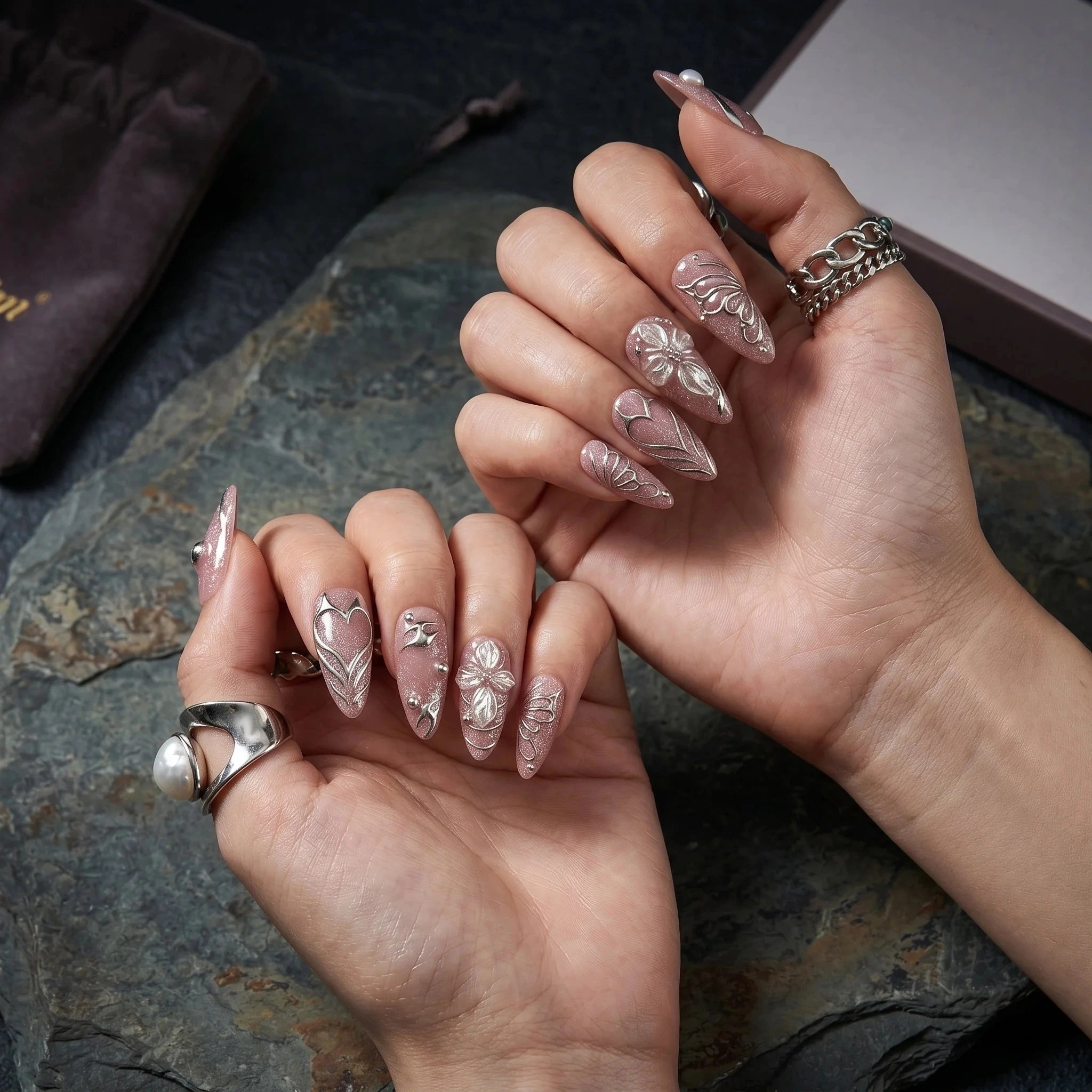 Kentrim Pink Silver Metallic Butterfly Press On Nails- 10 Pieces (Single Size)