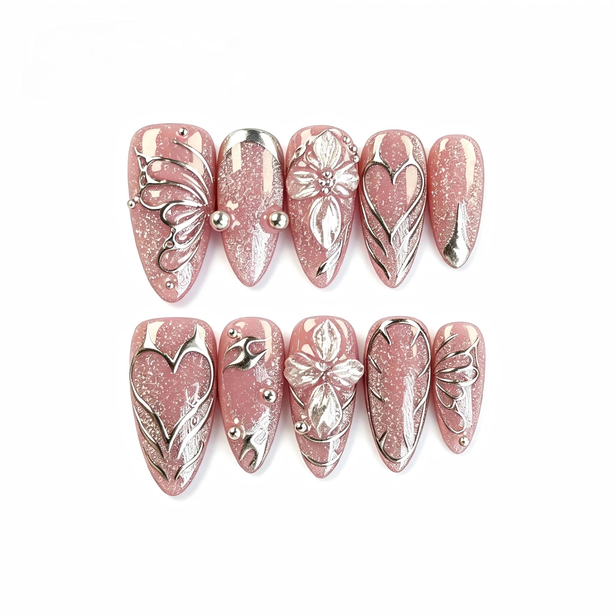 Kentrim Pink Silver Metallic Butterfly Press On Nails- 10 Pieces (Single Size) Main image