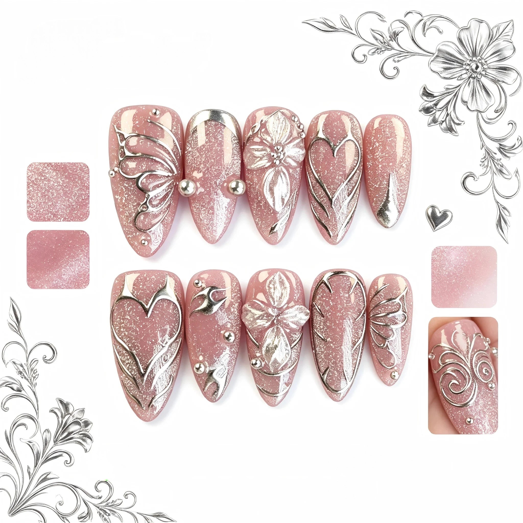 Kentrim Pink Silver Metallic Butterfly Press On Nails- 10 Pieces (Single Size)