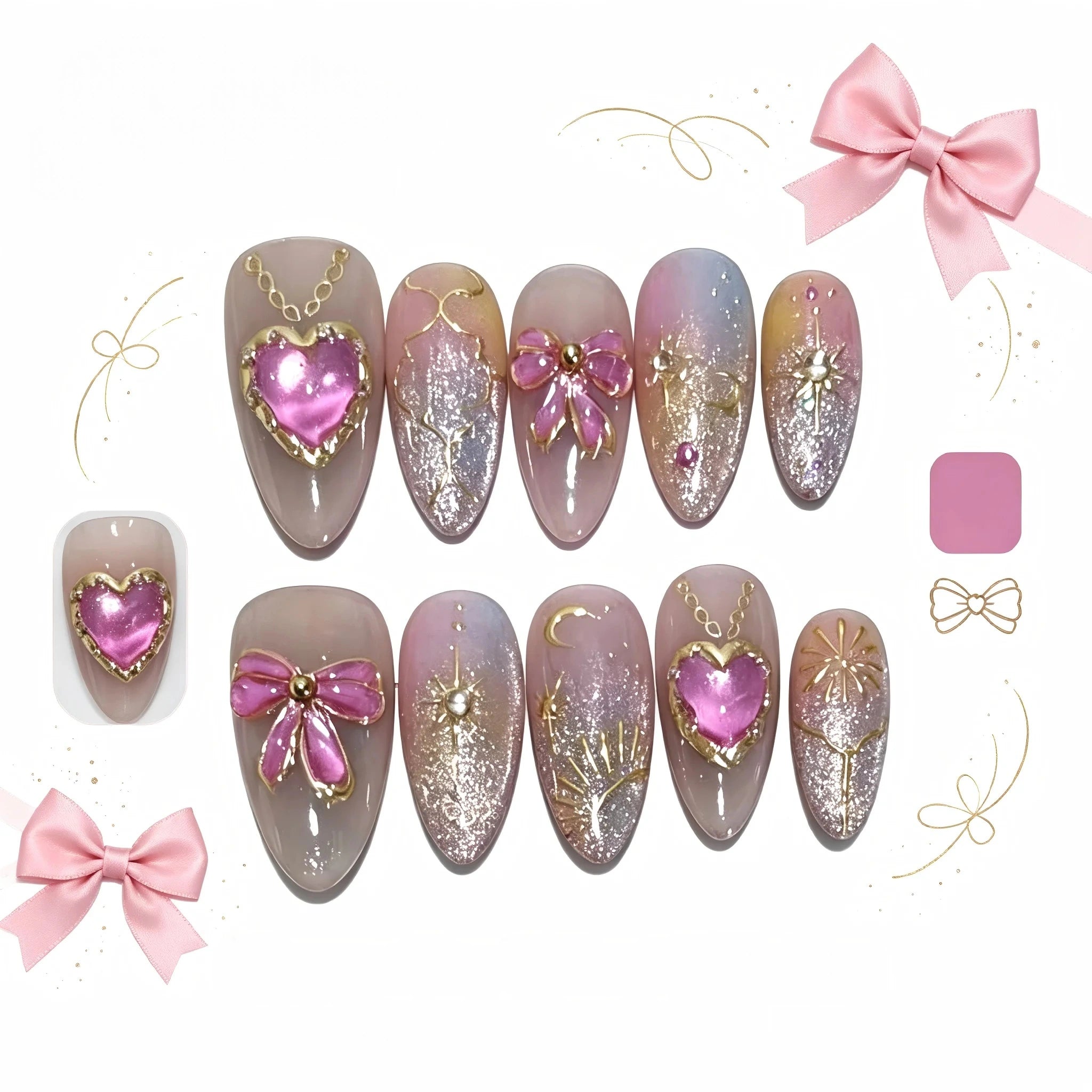 Kentrim Bow & Heart Press On Nails - 10 Pieces (Single Size)