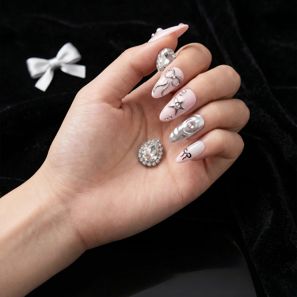 Kentrim 3D Silver BowStar Press On Nails - 10 Pieces (Single Size)