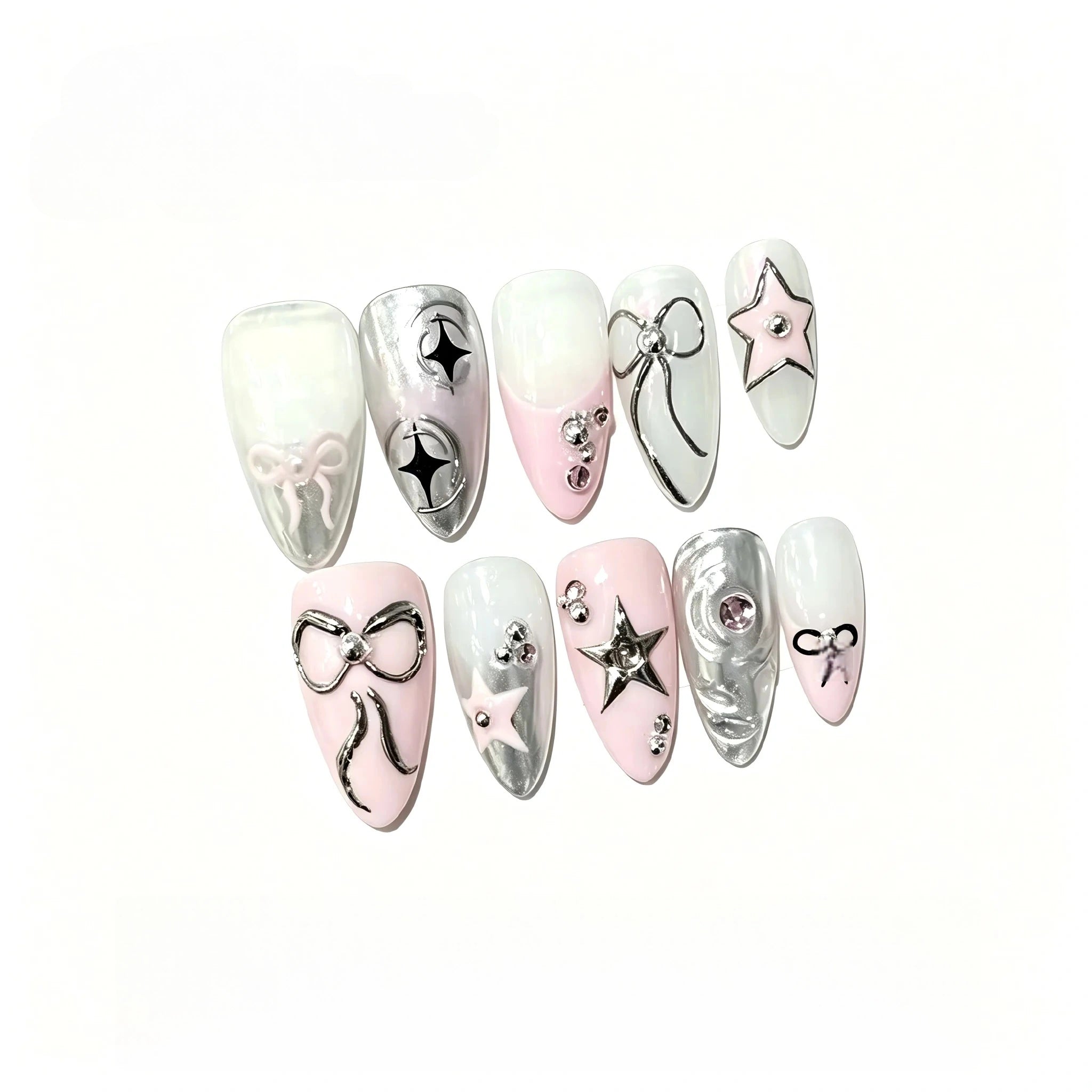 Kentrim 3D Silver BowStar Press On Nails - 10 Pieces (Single Size)