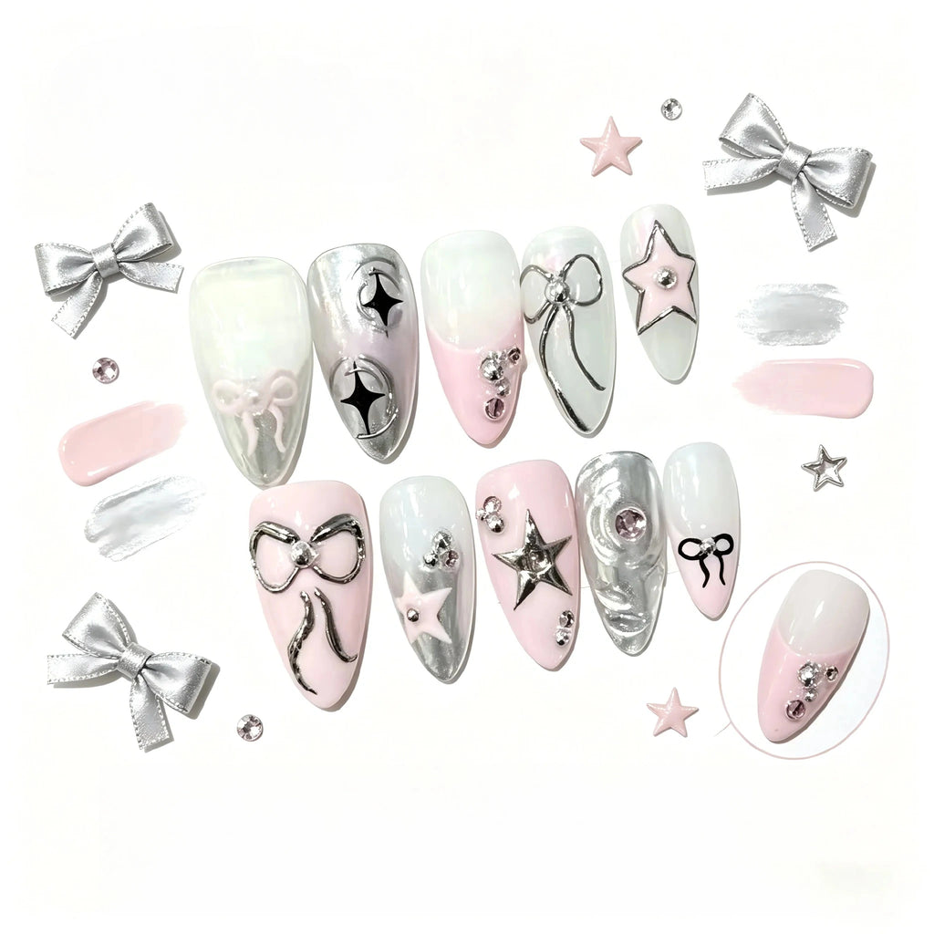 Kentrim 3D Silver BowStar Press On Nails - 10 Pieces (Single Size)