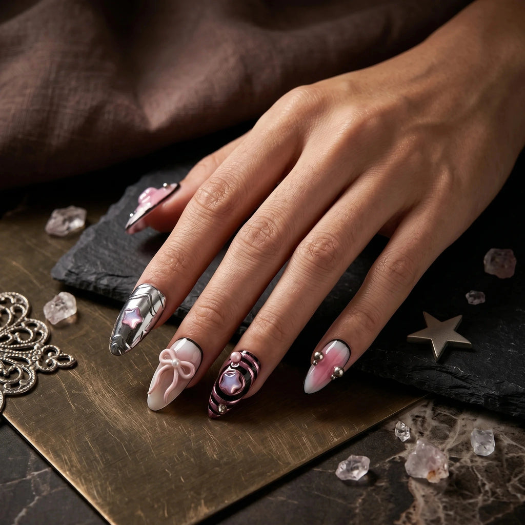 Kentrim Bow & Star Press On Nails - 10 Pieces (Single Size)