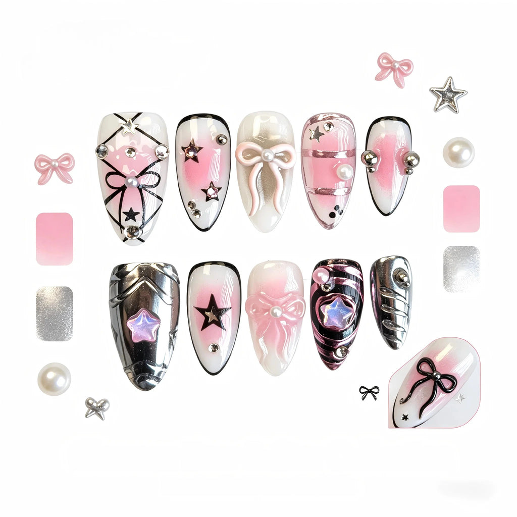 Kentrim Bow & Star Press On Nails - 10 Pieces (Single Size)