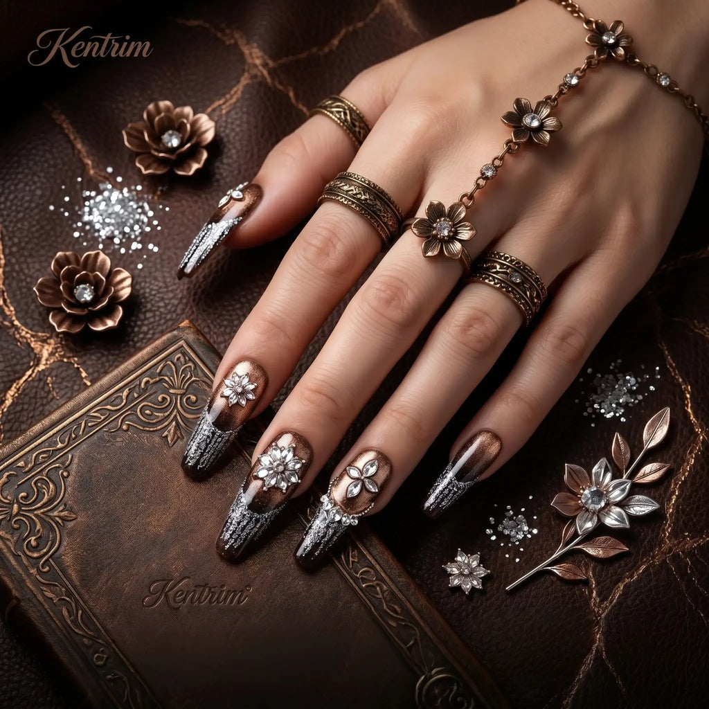 Kentrim Floral Long Coffin Press On Nails - 10 Pieces (Single Size)