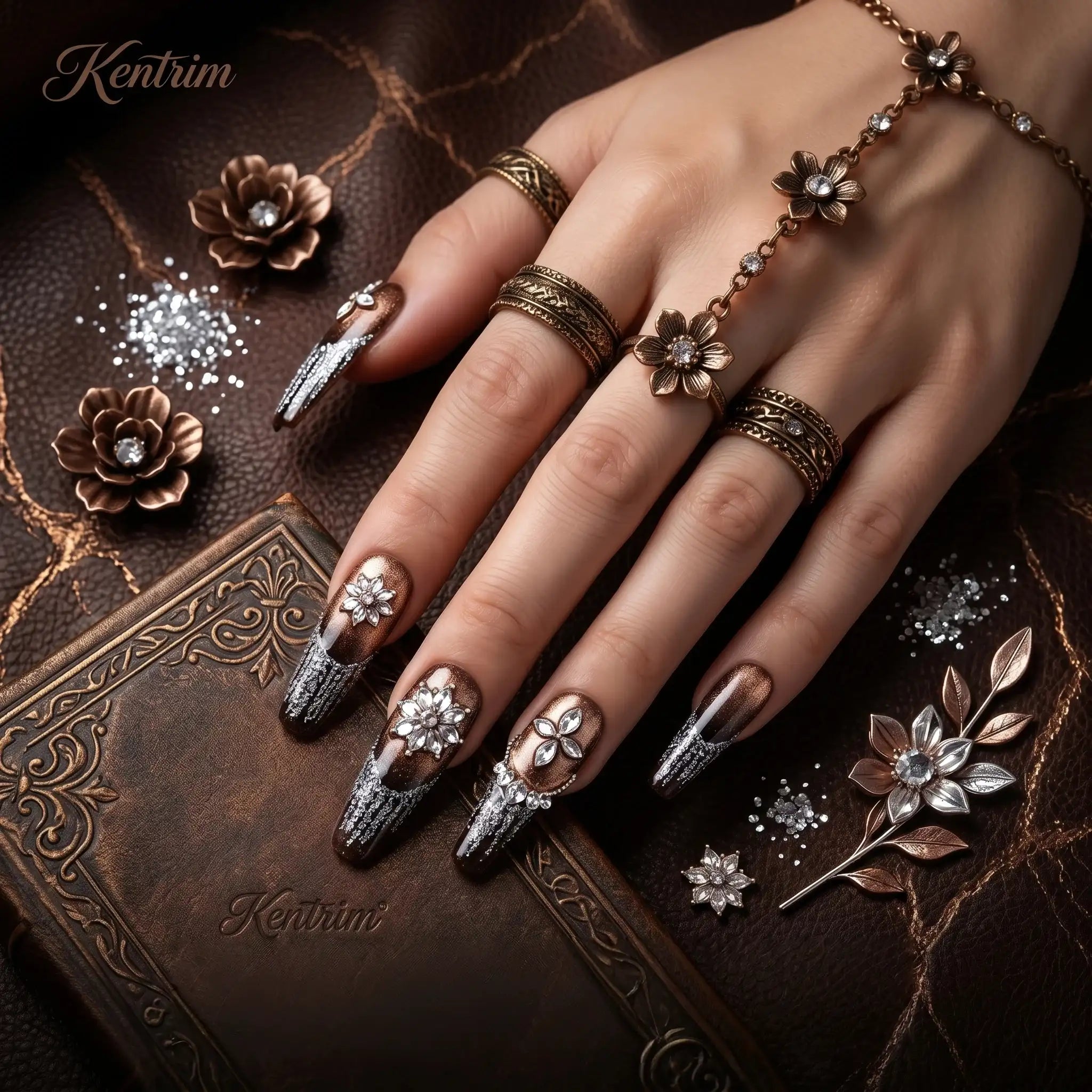 Kentrim Floral Long Coffin Press On Nails - 10 Pieces (Single Size)