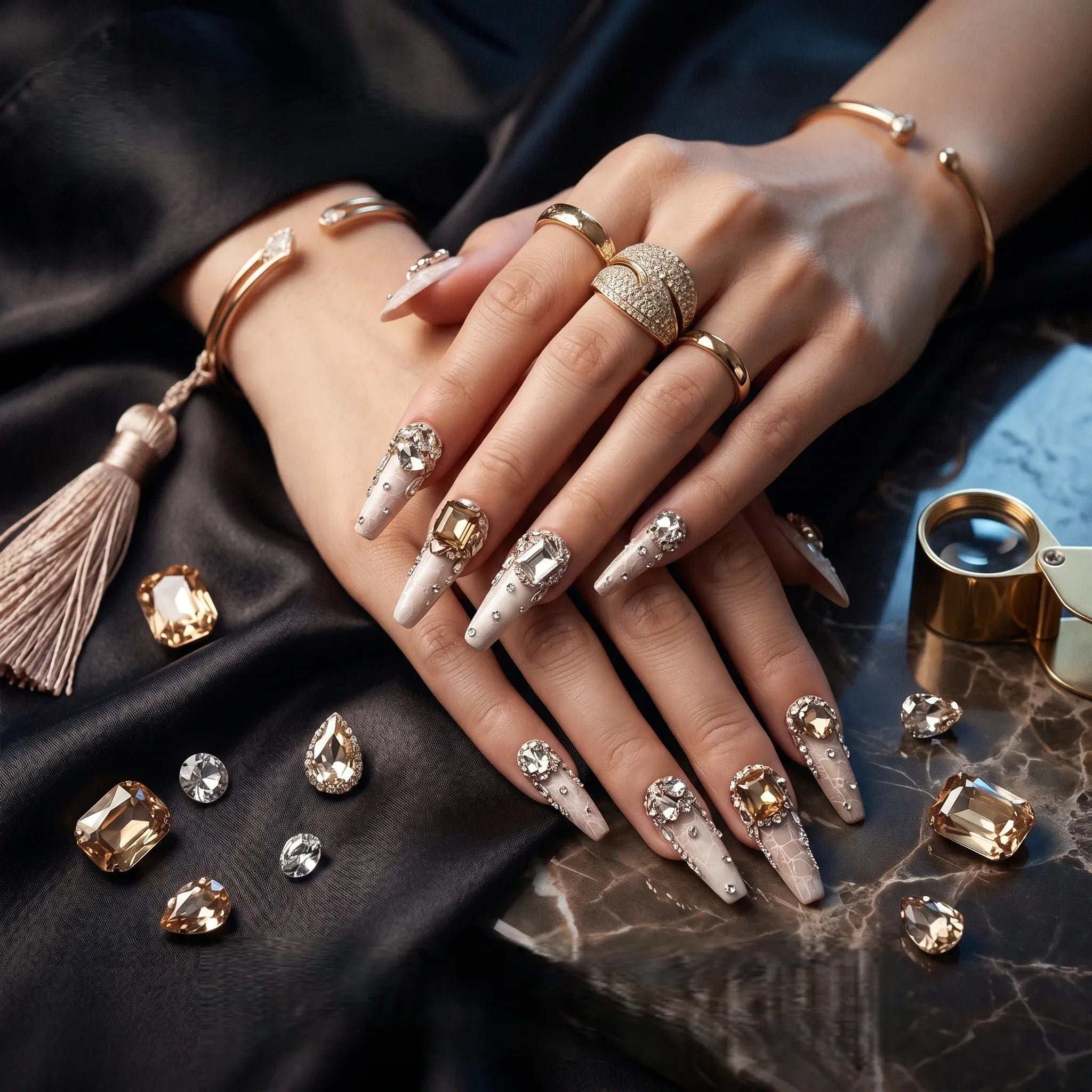 Kentrim Gem Long Coffin Press On Nails with nude croc-embossed base and topaz rhinestone accents, 10-piece set. Main image
