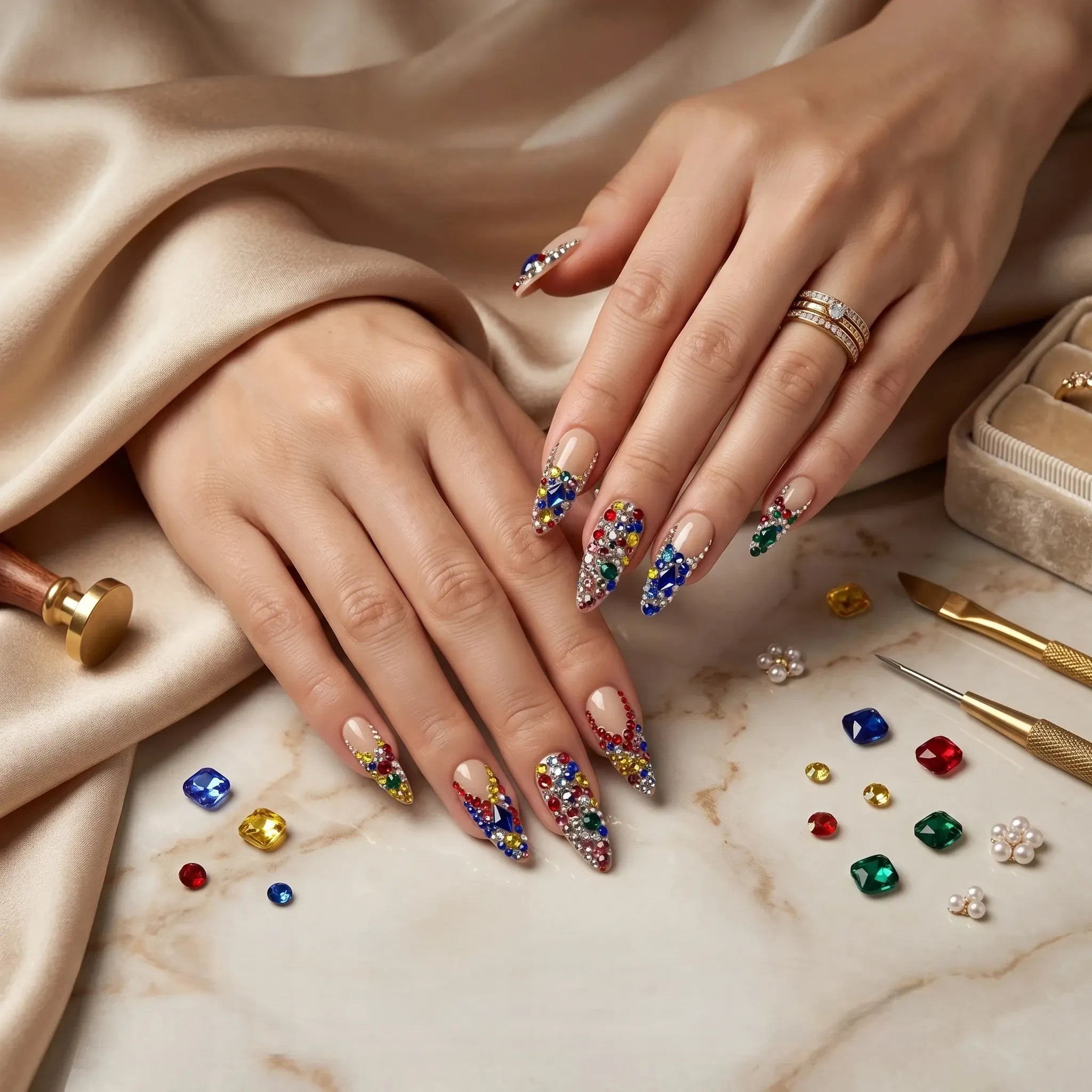 Kentrim Gem Long Stiletto Press On Nails with nude base and multicolor rhinestone accents, 10-piece set, reusable false nails Main image