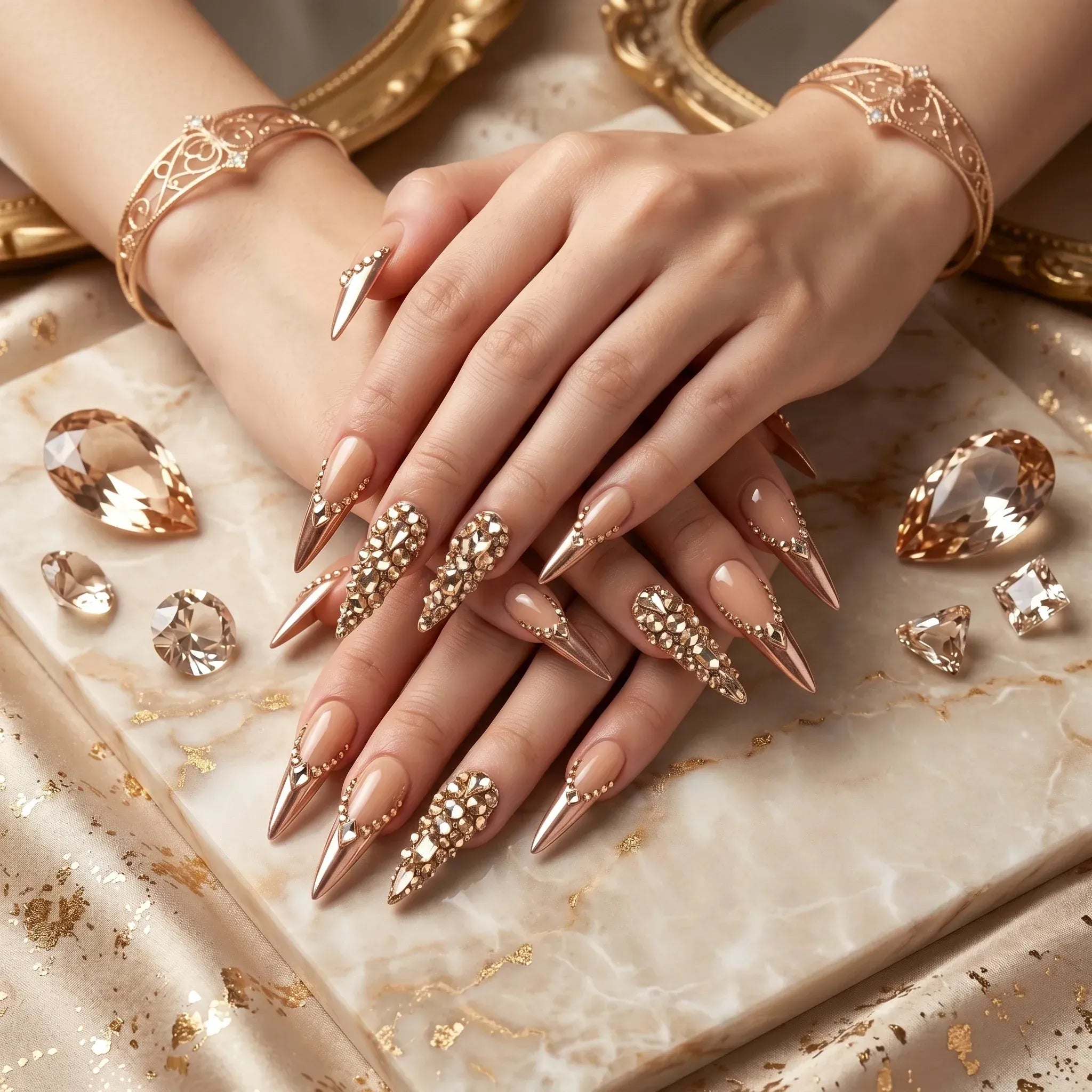Kentrim Rhinestone Press On Nails with long stiletto shape, nude base, rose gold tips, and champagne rhinestone accents, 10 pieces Main image