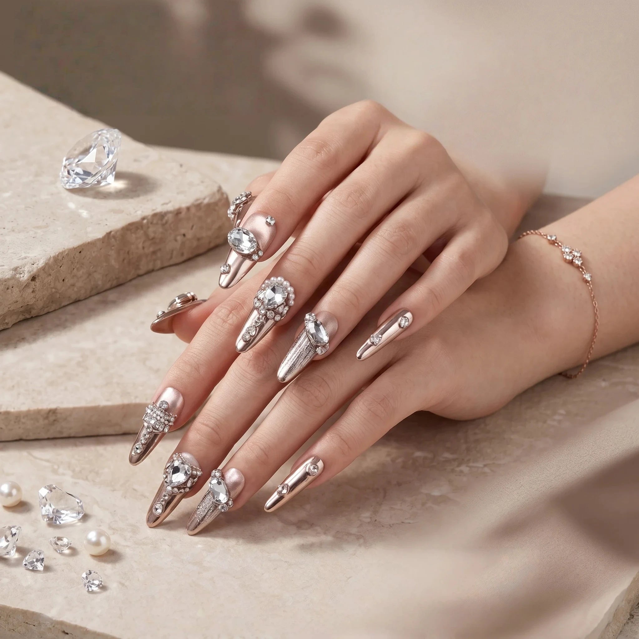 Kentrim Rose Gold Gem Long Stiletto Press On Nails - 10 Pieces (Single Size)