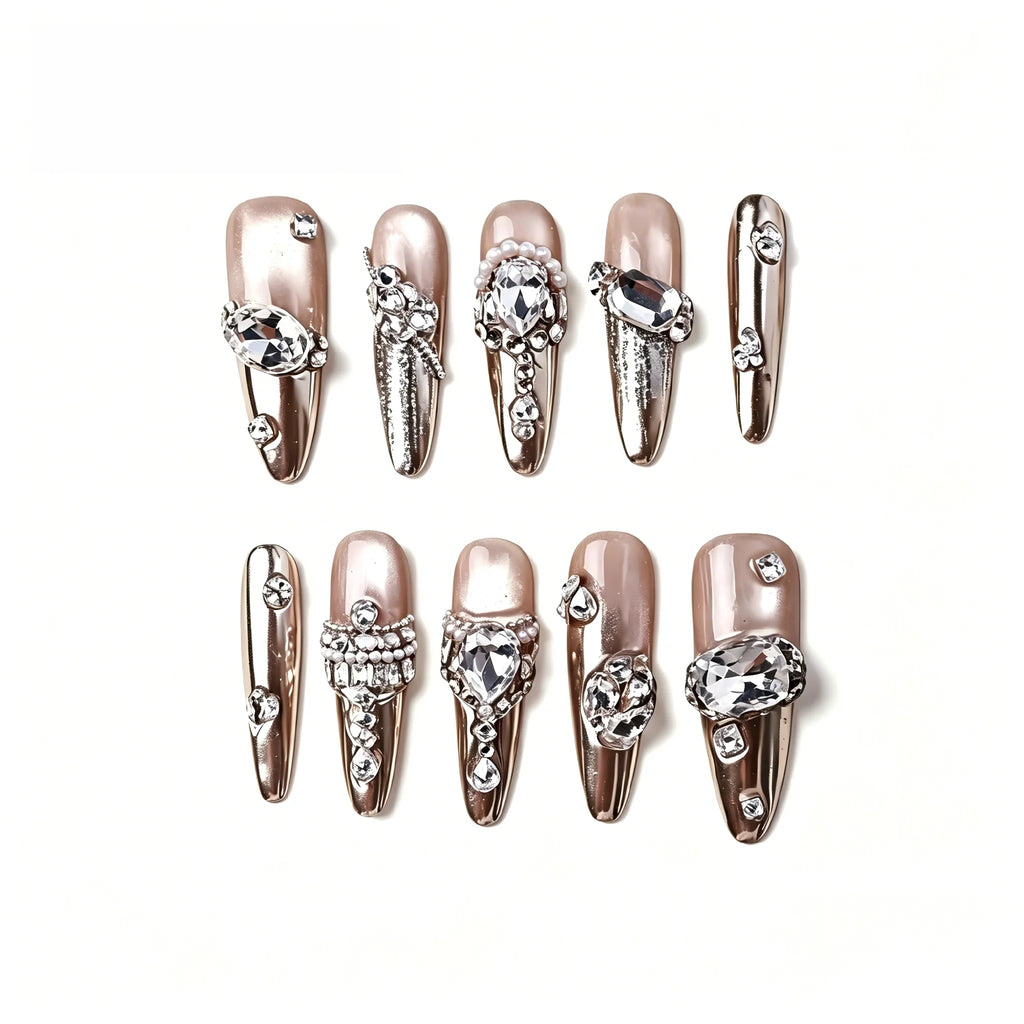 Kentrim Rose Gold Gem Long Stiletto Press On Nails - 10 Pieces (Single Size)