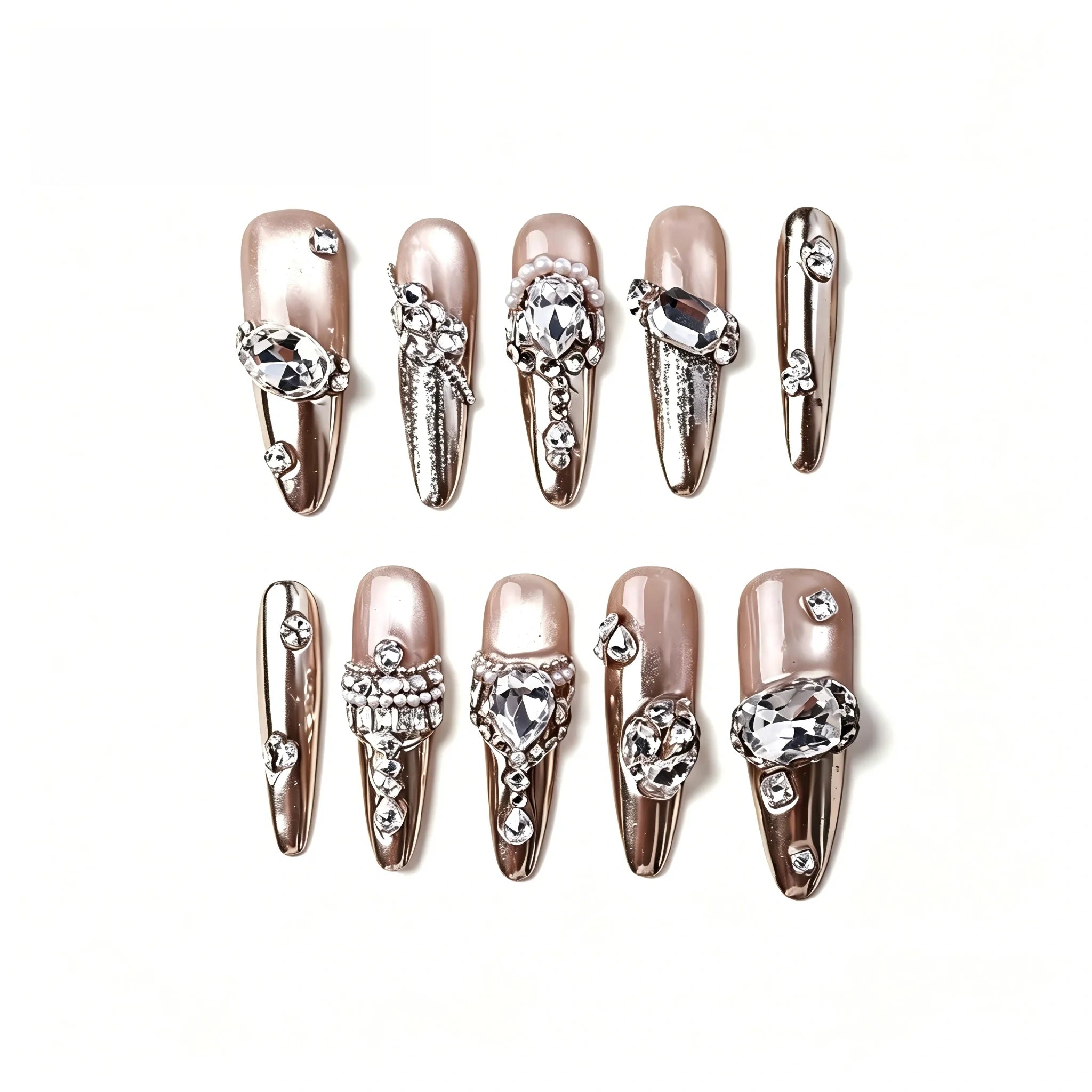 Kentrim Rose Gold Gem Long Stiletto Press On Nails - 10 Pieces (Single Size) Main image