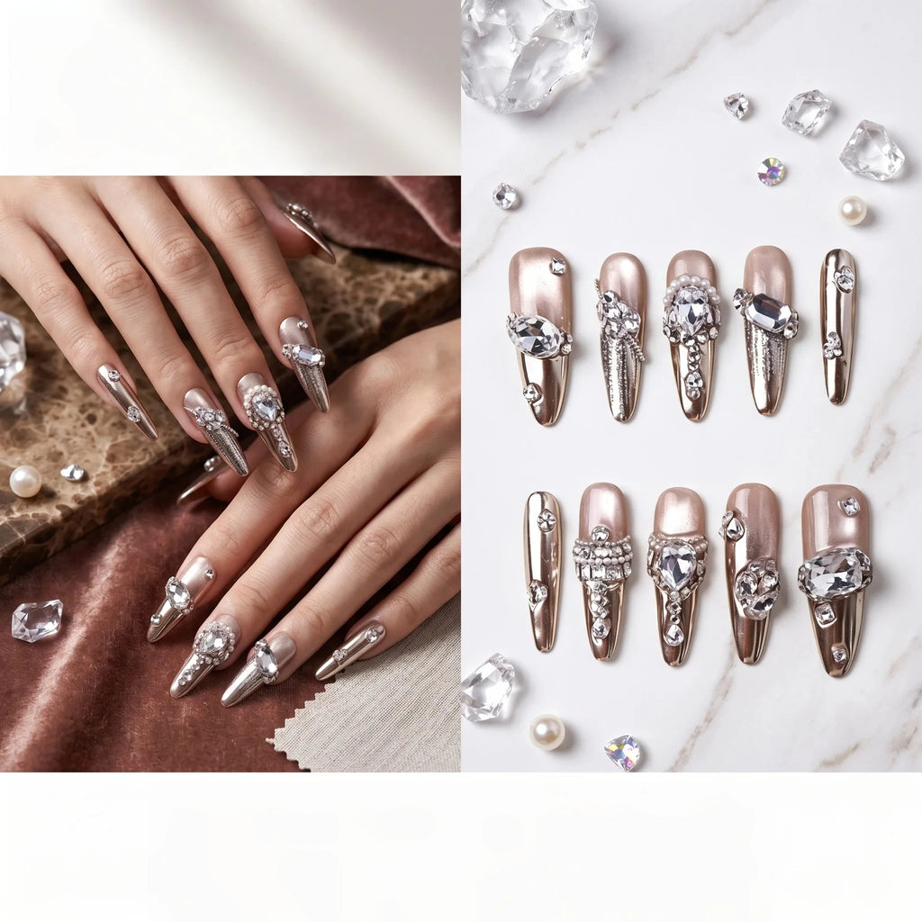 Kentrim Rose Gold Gem Long Stiletto Press On Nails - 10 Pieces (Single Size)