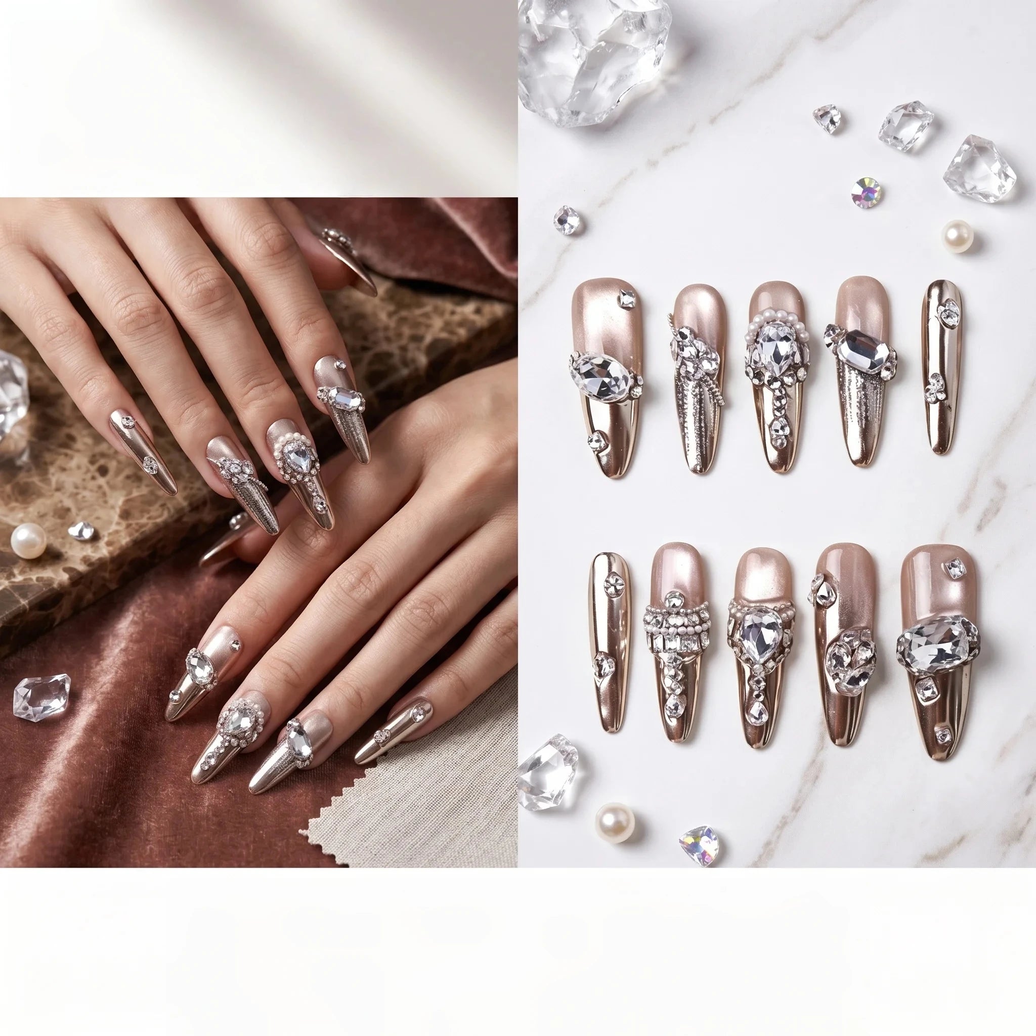 Kentrim Rose Gold Gem Long Stiletto Press On Nails - 10 Pieces (Single Size)