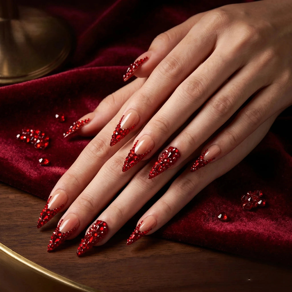 Kentrim Red Crystal Long Almond Press On Nails - 10 Pieces (Single Size)