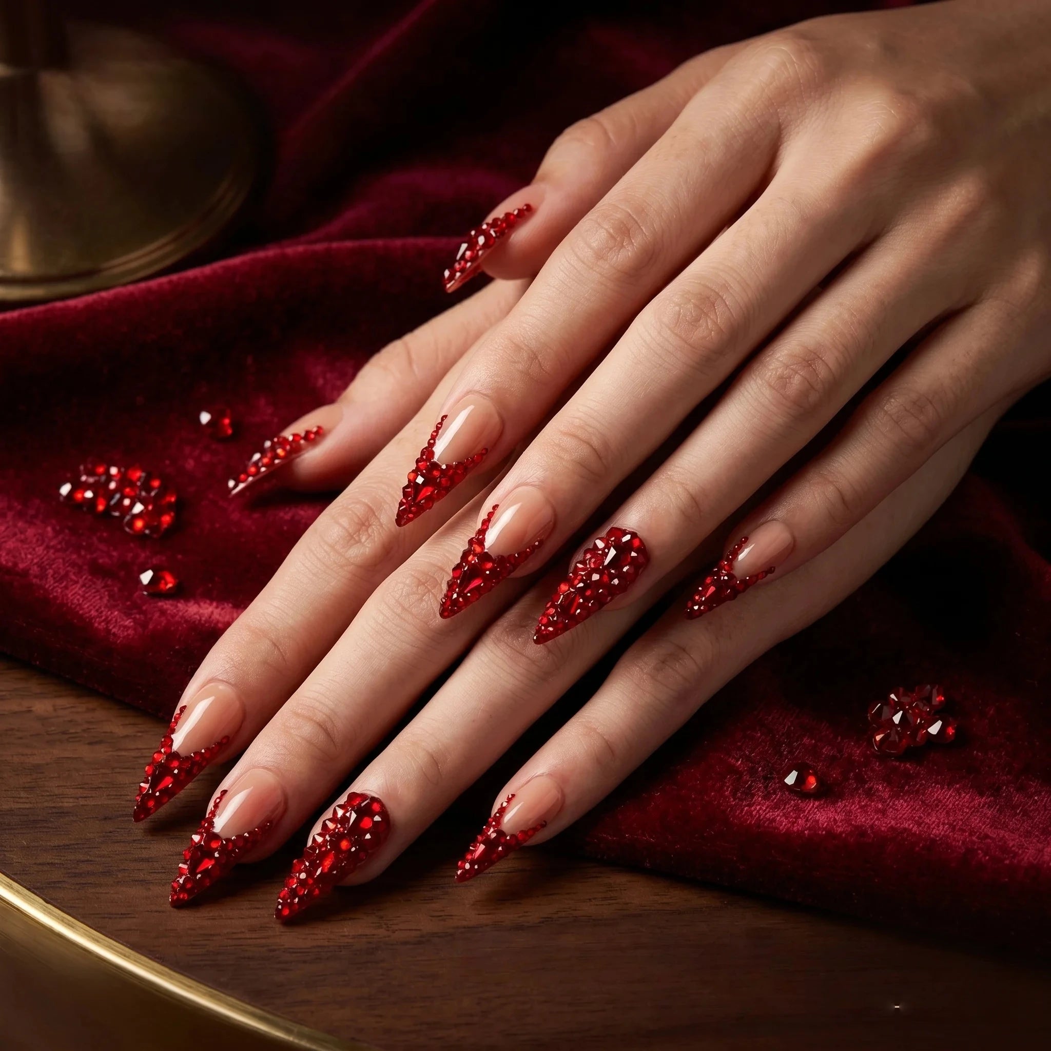 Kentrim Red Crystal Long Almond Press On Nails - 10 Pieces (Single Size)