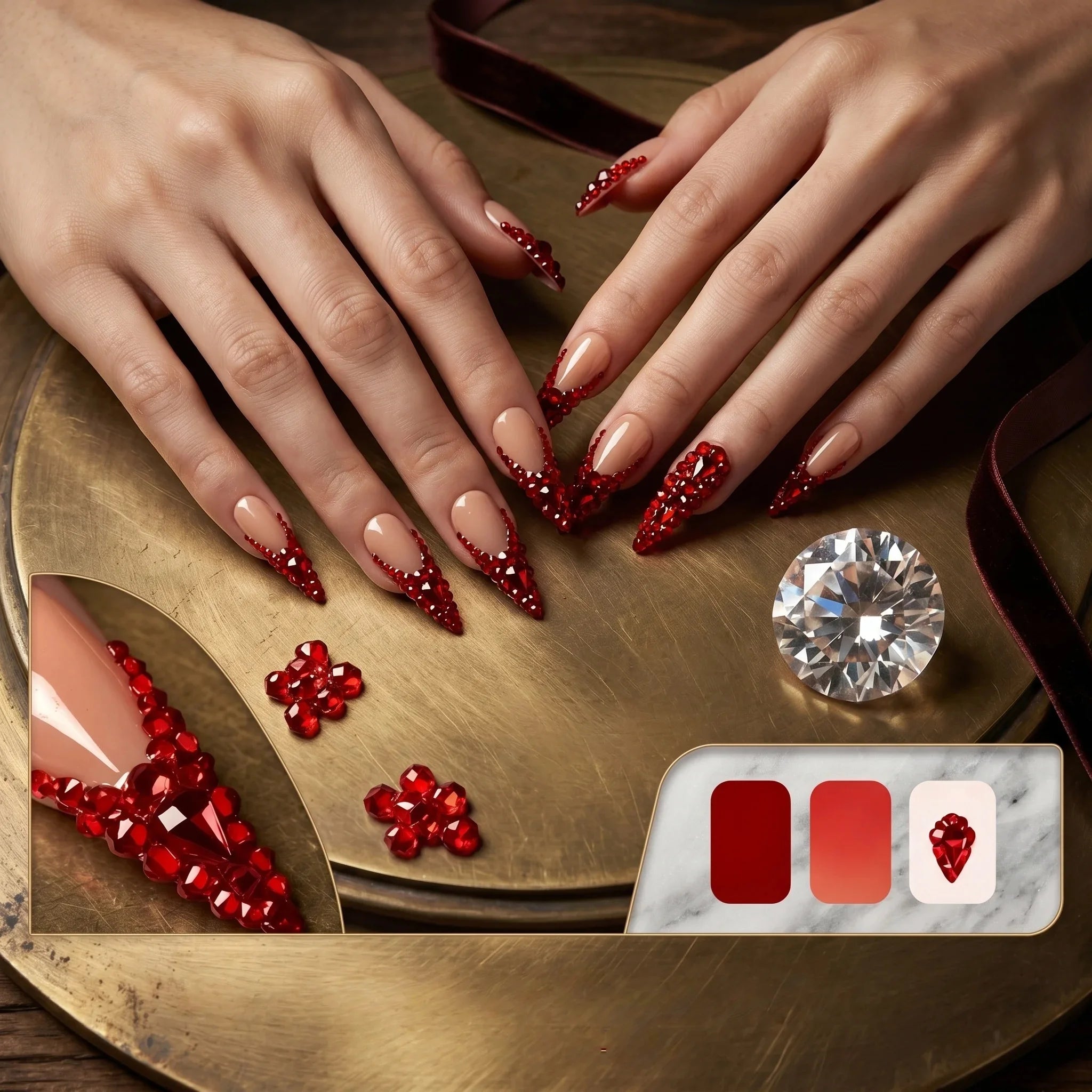 Kentrim Red Crystal Long Almond Press On Nails - 10 Pieces (Single Size)