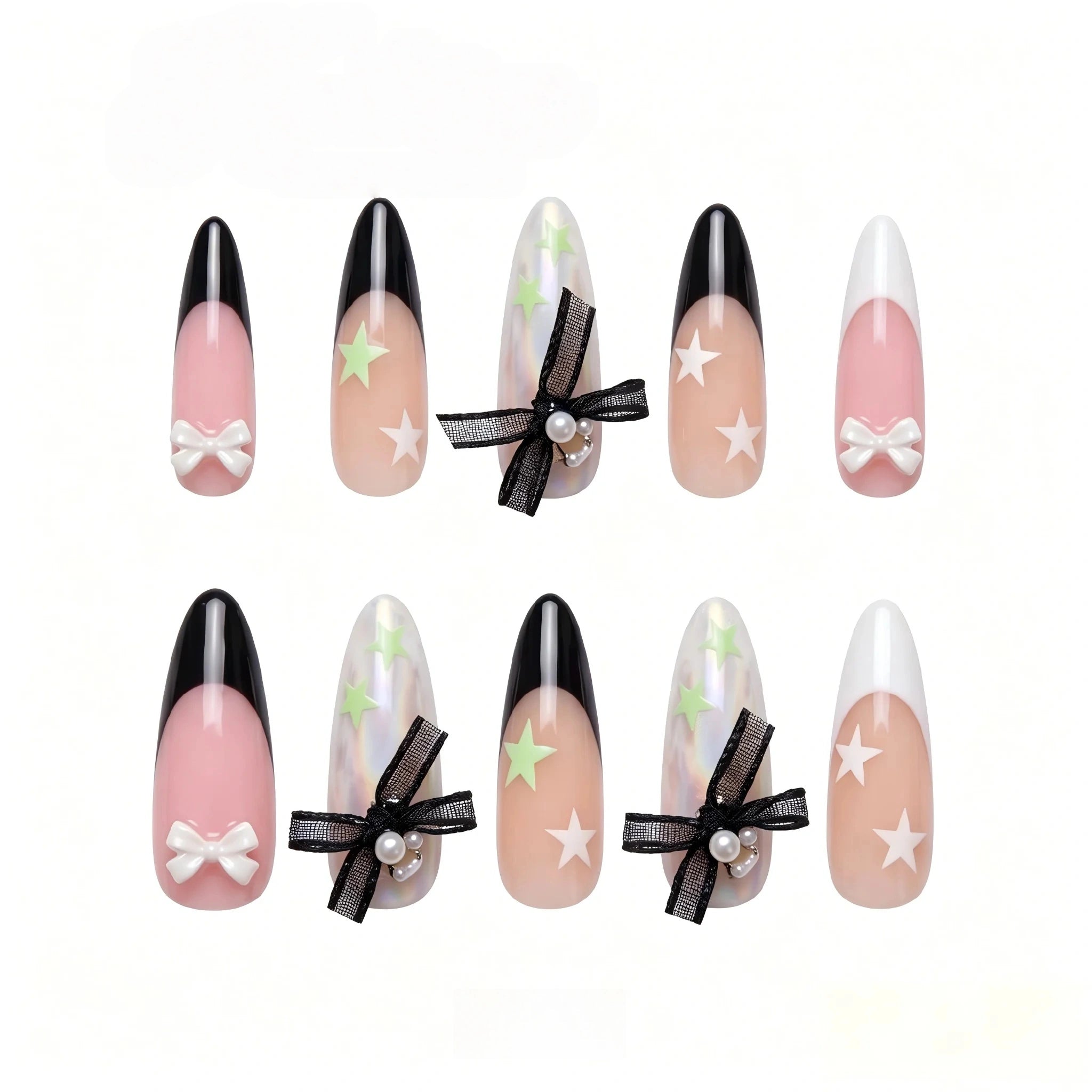 Kentrim Glamour Star & Bow Press On Nails - 30 Pieces, 15 Sizes