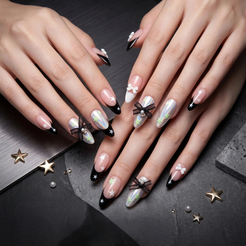 Kentrim Glamour Star & Bow Press On Nails - 30 Pieces, 15 Sizes